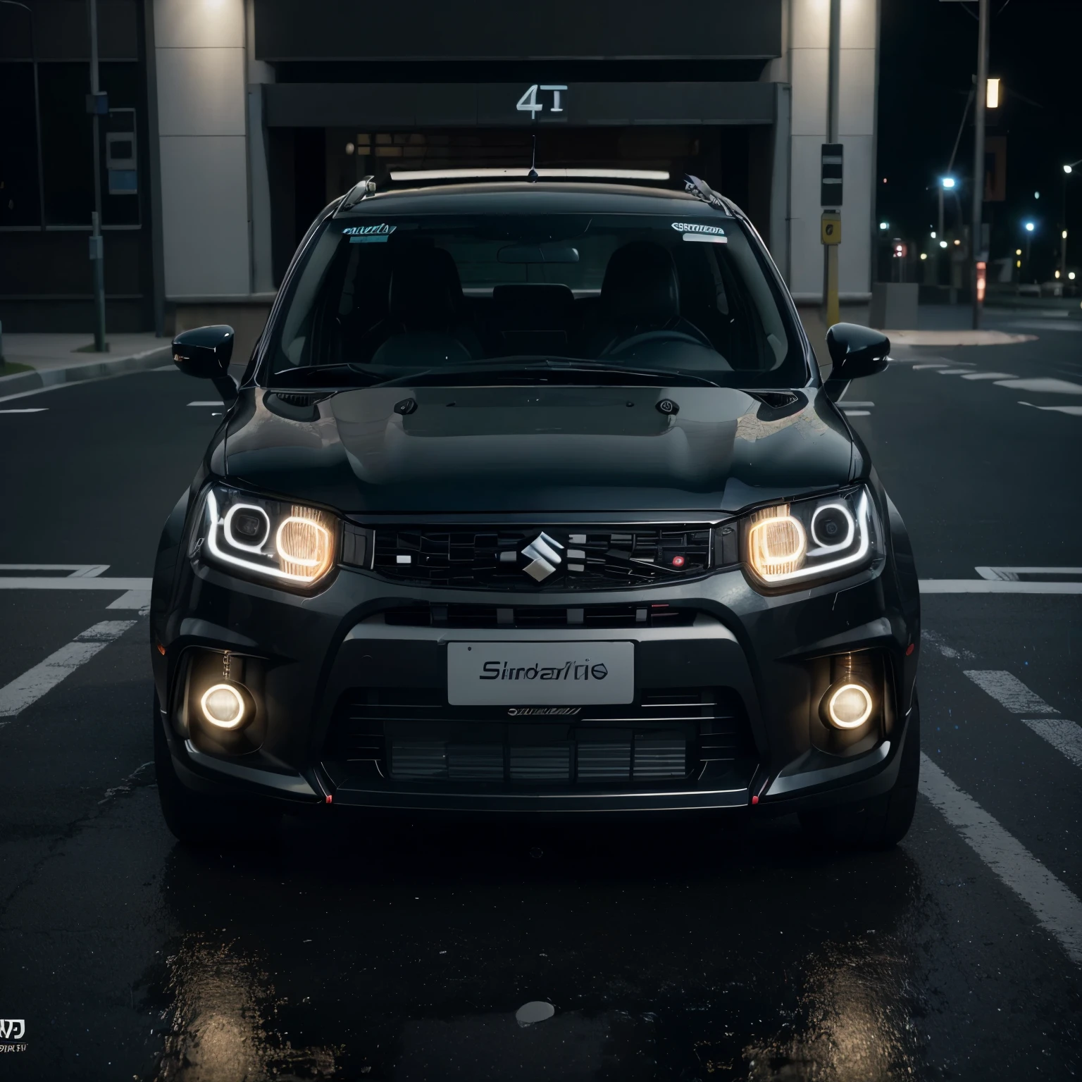 (best quality,4k,8k,highres,masterpiece:1.2),ultra-detailed,(realistic,photorealistic,photo-realistic:1.37),Suzuki Ignis running in a road,cyberpunk model,glossy black car,RGB background