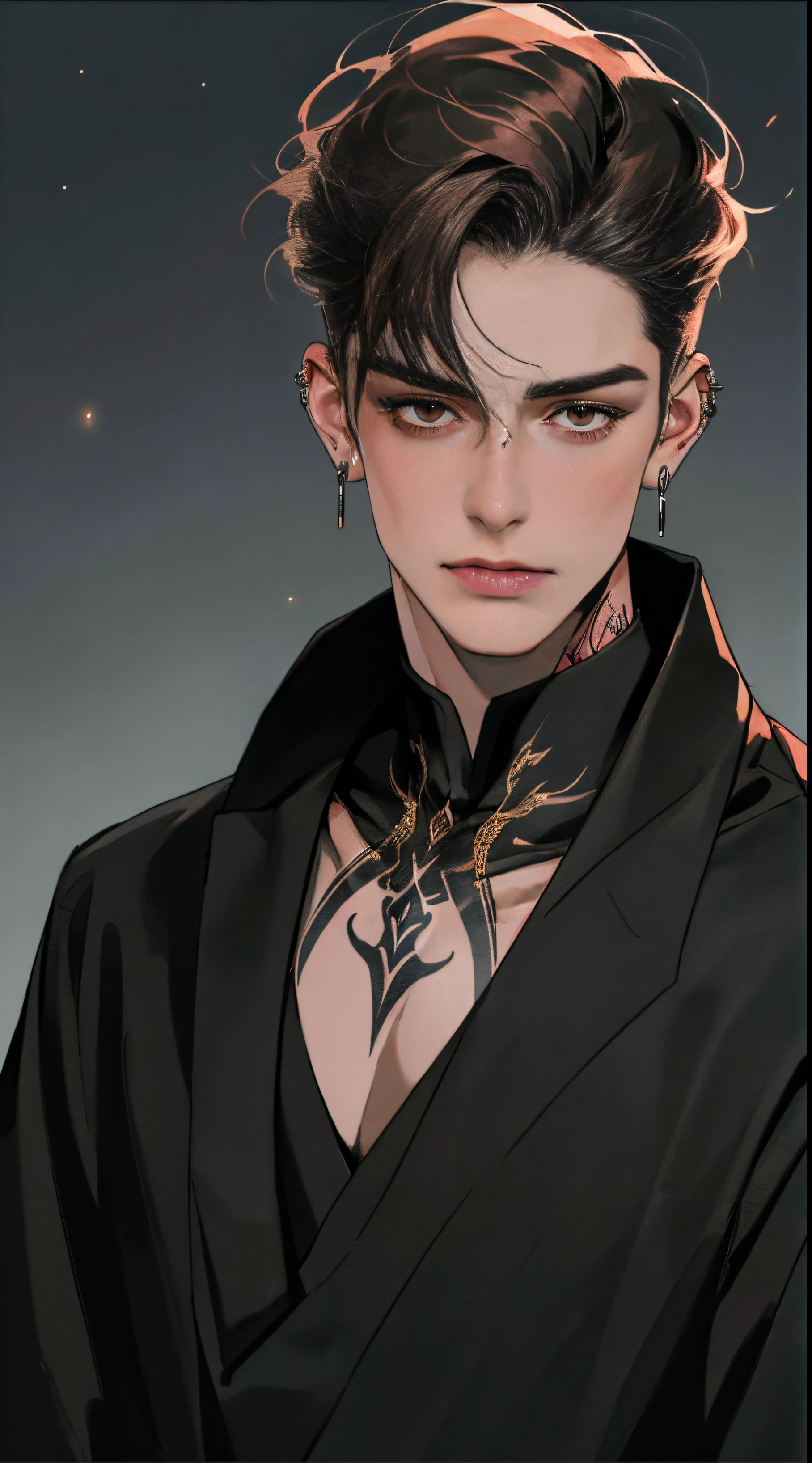 (((8K, RAW photos, Best quality, tmasterpiece: 1.4))), (((The man who plays the piano))), Ultra-high resolution, ultra - detailed, lamplight, Close-up cleavage, Handsome men, red eyes, (A detailed eye, The eyes are bright:1.2), Black medium long hair, Vampires, pale-skinned, ear piercings, Dark, Blackn clothes, Meticulous clothes, gold accessories on clothes, Sharp fangs, (perfect anatomia:1.2), Highqualityshadow,  natural  lightting, (White highlights:1.2), natta, overcast day, (neck tattoos:1.2), (starrysky:1.2)