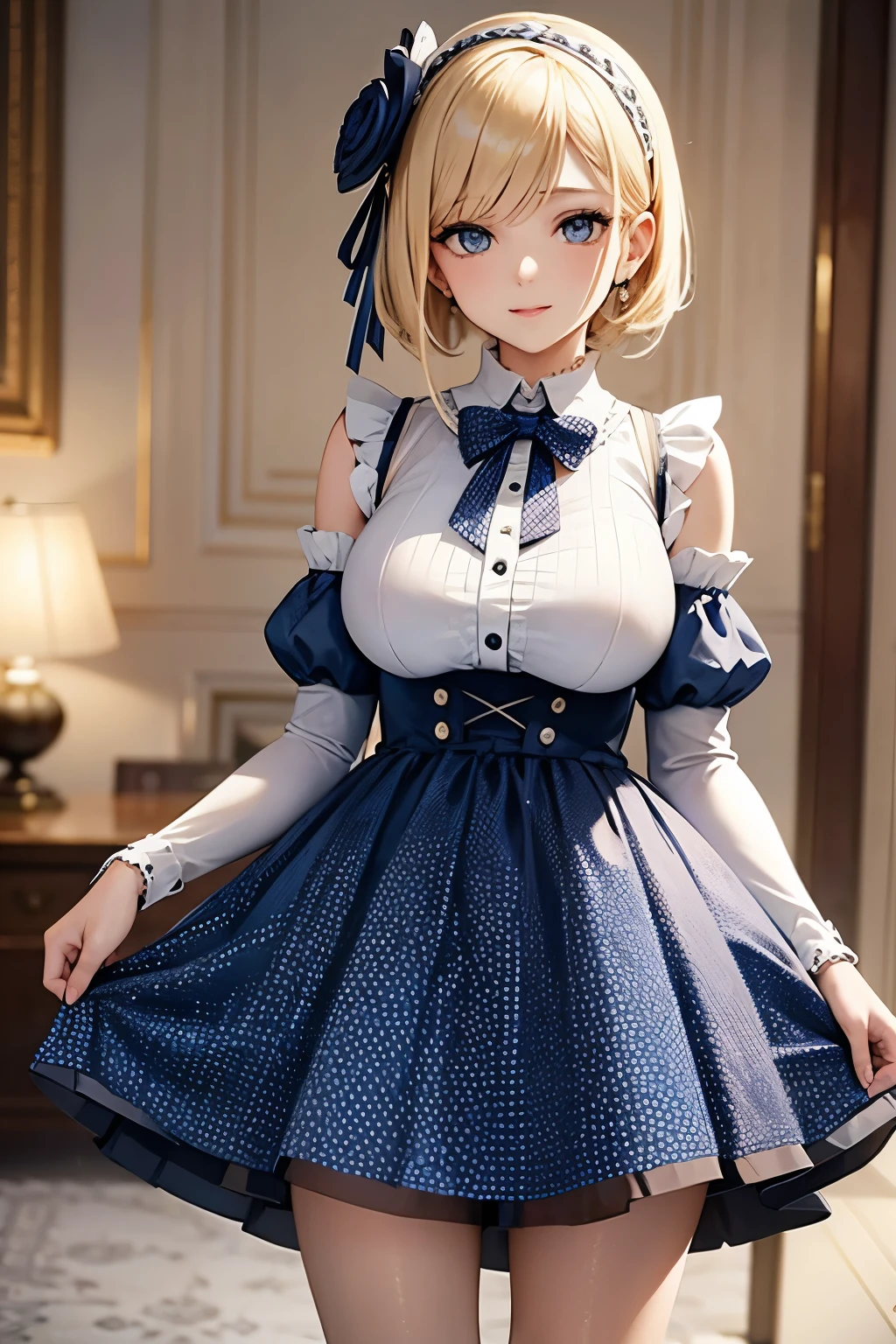 Photo of a gorgeous young blonde woman wearing an extremely conservative white and dark blue polka dot dress with short puff sleeves, fully dressed in pearls for Royal Ascot