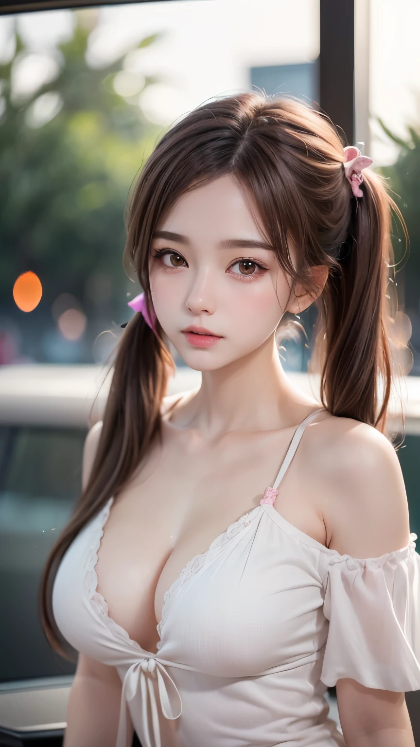 ((One Girl)), (Twin tails), Brown Hair, Great face and eyes, Pink Eyes, (Amazingly beautiful girl), Brown Hair, ((highest quality)), (Very detailed), (Very detailed CG 統合 8k 壁紙), Very detailed, High-resolution RAW color photos, Professional photography, (((Bokeh))), Depth of written boundary,