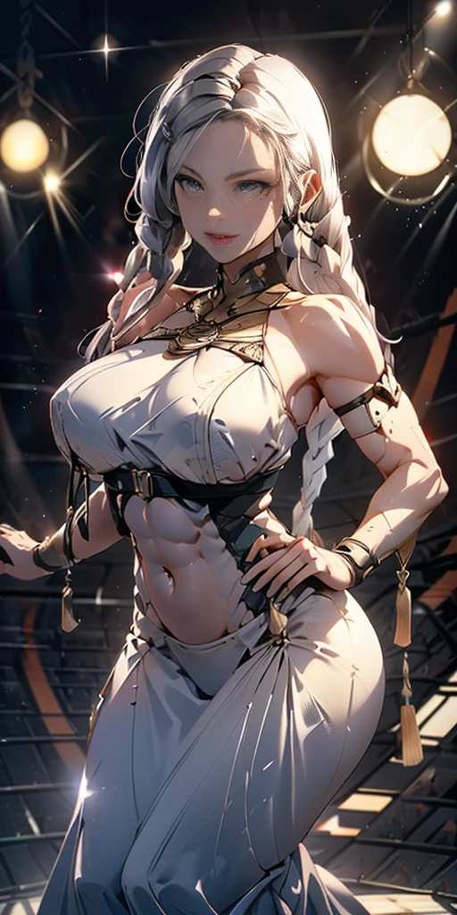 1girl full body standing, nice ass, short bob hair cut with 2 longs braids, white silver colored hair, yellow pinched eyes, perfect lighting, muscular body, thights, mature woman, mummy, bellybutton, abs, navel, looks at the viewer (masterpiece, hi quality:1.1) smile, Extremely huge breasts, slender toned body, maternal, porcelain skin, extra very long braids, sparkly skin, good face, chest cover