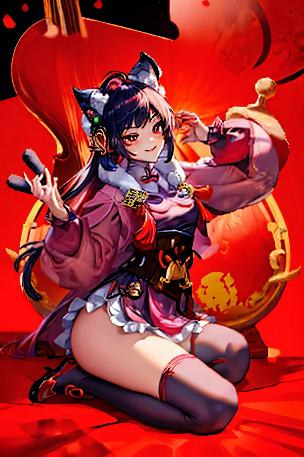 Chunli face cat ears red Chinese clothes sitting smiling anime style  