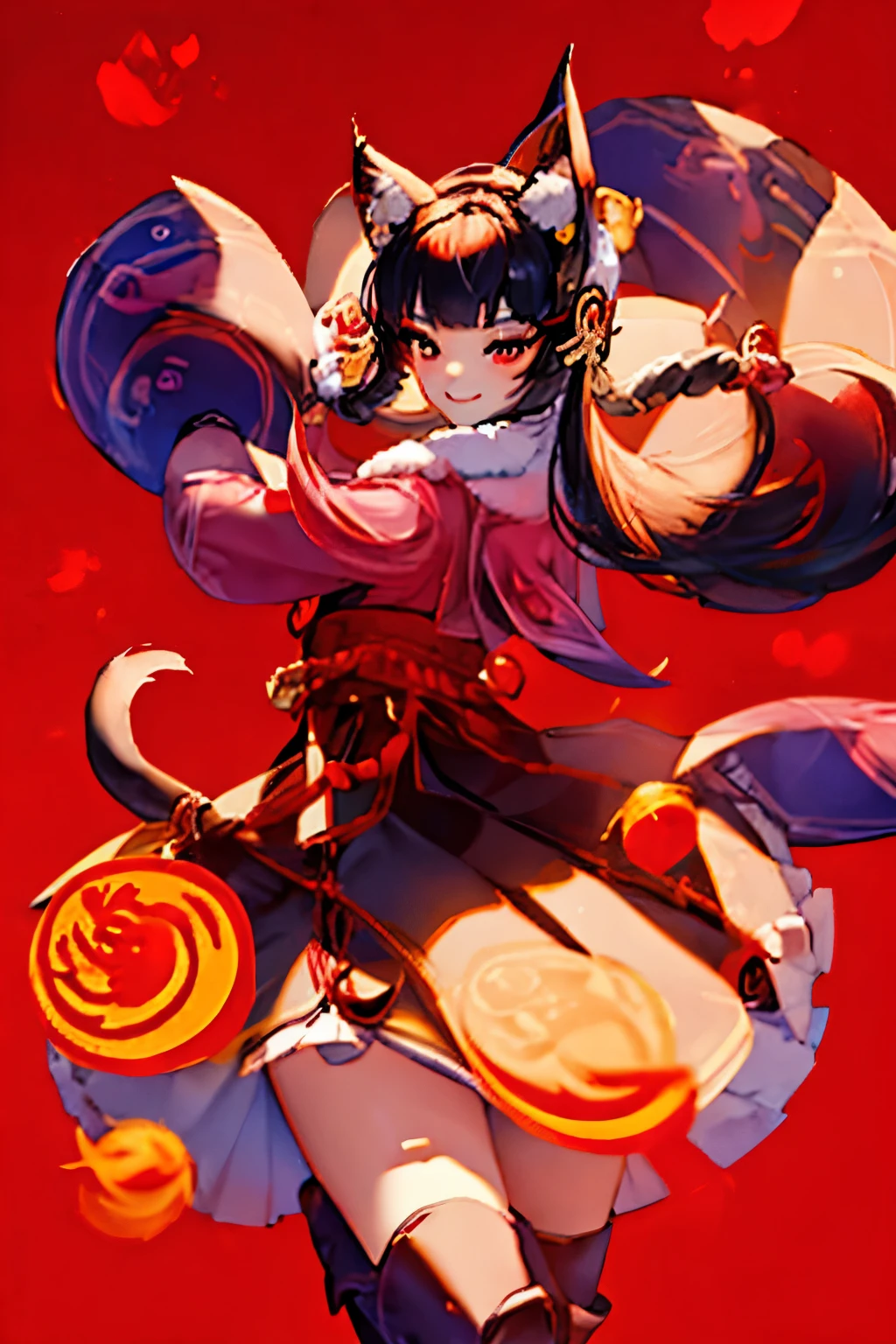 Chunli face cat ears red Chinese clothes sitting smiling anime style  