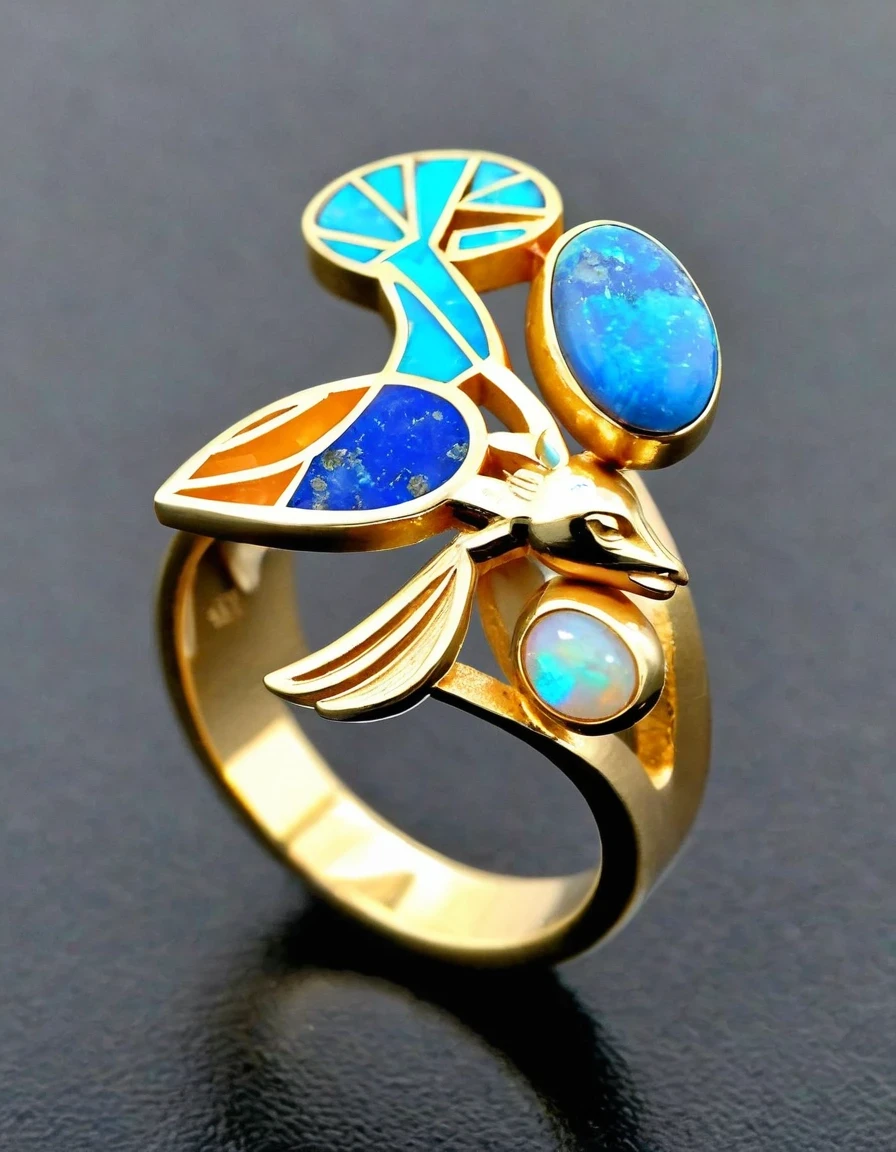 A minimalist ring design of Kokopelli, the rain god playing the flute, holding an oval double opal stone，Indian elements，geometry，The matching stones are small amounts of lapis lazuli and turquoise，Coffee color，Orange，Clams，feather，gem，Retro，Old，Soft Light