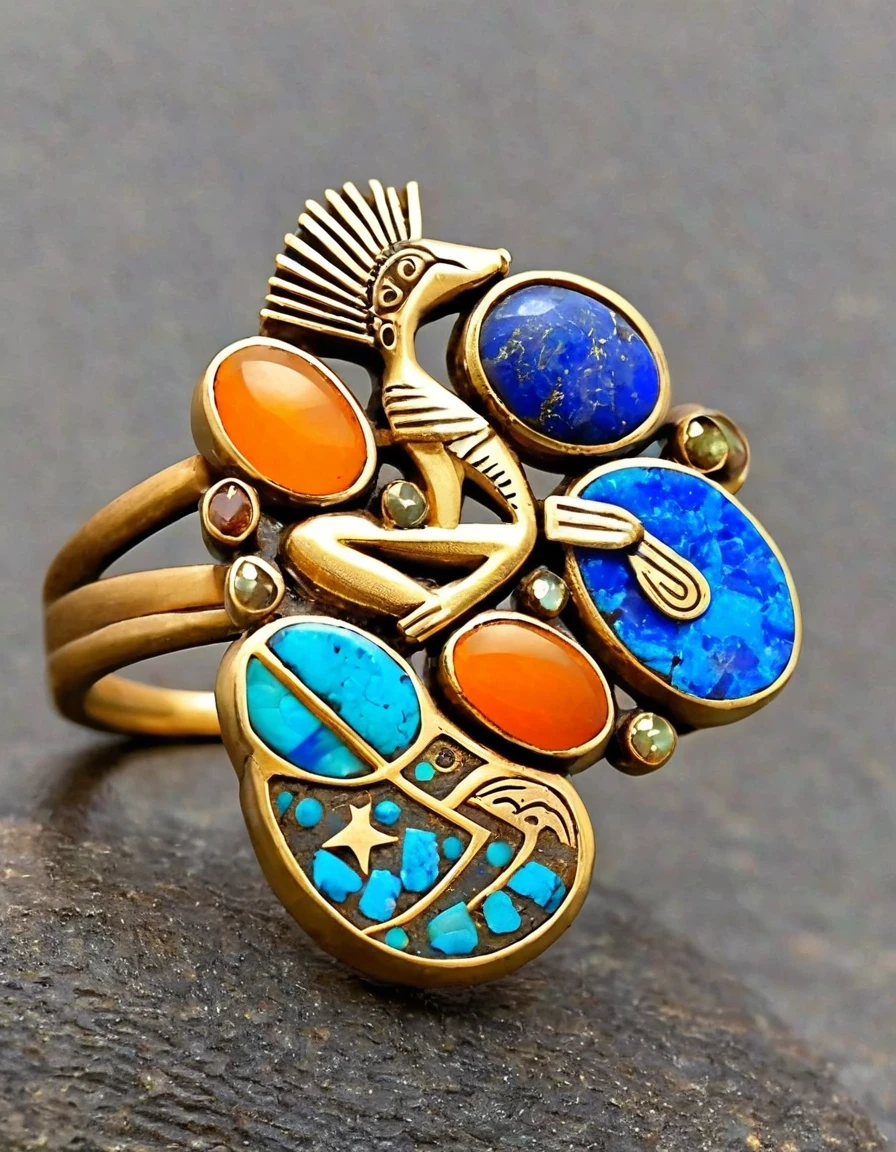 Kokopelli, the god of rain playing the flute, a minimalist ring design，The body is an oval double opal stone，Indian totem rain god Kokopelli，Indian elements，The matching stones are small amounts of lapis lazuli and turquoise，Coffee color，Orange，Clams，feather，gem，Retro，Old，Soft Light