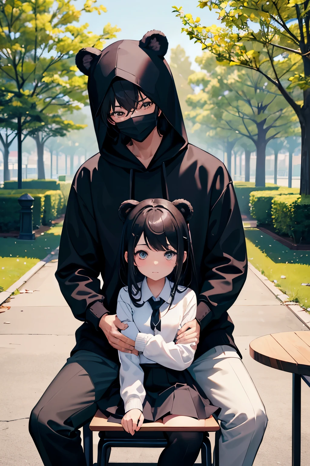 In a park，A high school boy hugs a junior high school girl sitting on a black stool，There is a boy in black in the distance behind，A girl in a white suit，and a girl wearing a pink, white and blue hoodie，In the distance stood a man wearing a bear head mask.。Six people in total

