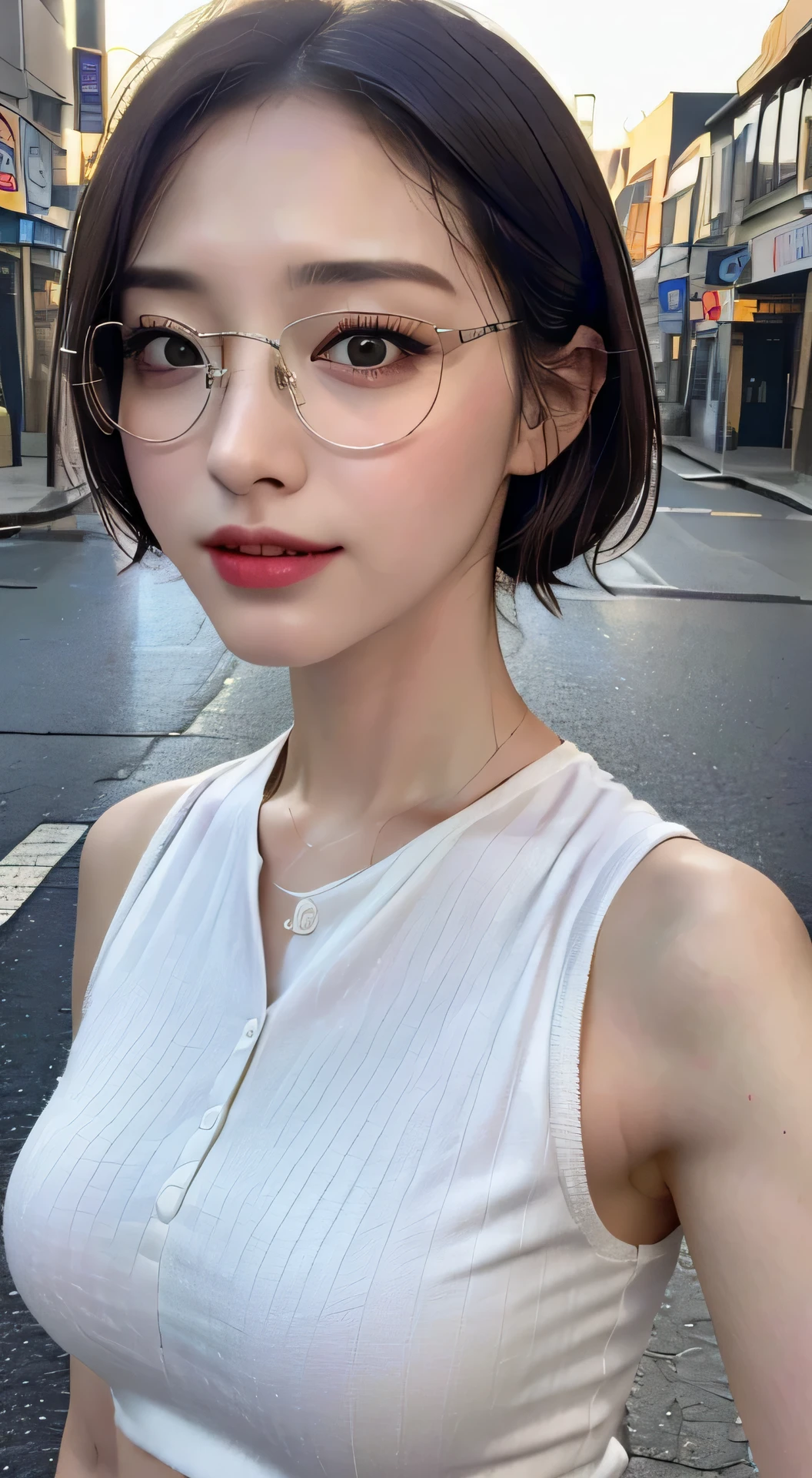 ((highest quality, 8k, masterpiece: 1.3)), Sharp focus: 1.2, Beautiful woman with perfect figure: 1.4, Slim Abs: 1.2, Very Short Bob, Knitted dress, Sleeveless, Thick upper arms, street: 1.2, Wet body: 1.1, Highly detailed face and skin texture, Beautiful Eyes, double eyelid, big, smile,Glasses、whole body、Big Breasts、Expressionless