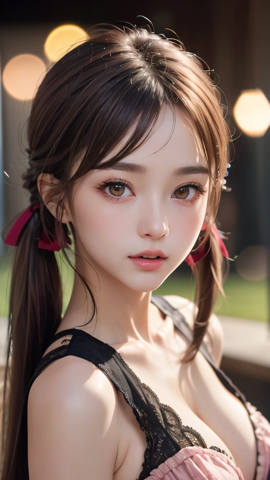 ((One Girl)), (Twin tails), Brown Hair, Great face and eyes, Pink Eyes, (Amazingly beautiful girl), Brown Hair, ((highest quality)), (Very detailed), (Very detailed CG 統合 8k 壁紙), Very detailed, High-resolution RAW color photos, Professional photography, (((Bokeh))), Depth of written boundary,