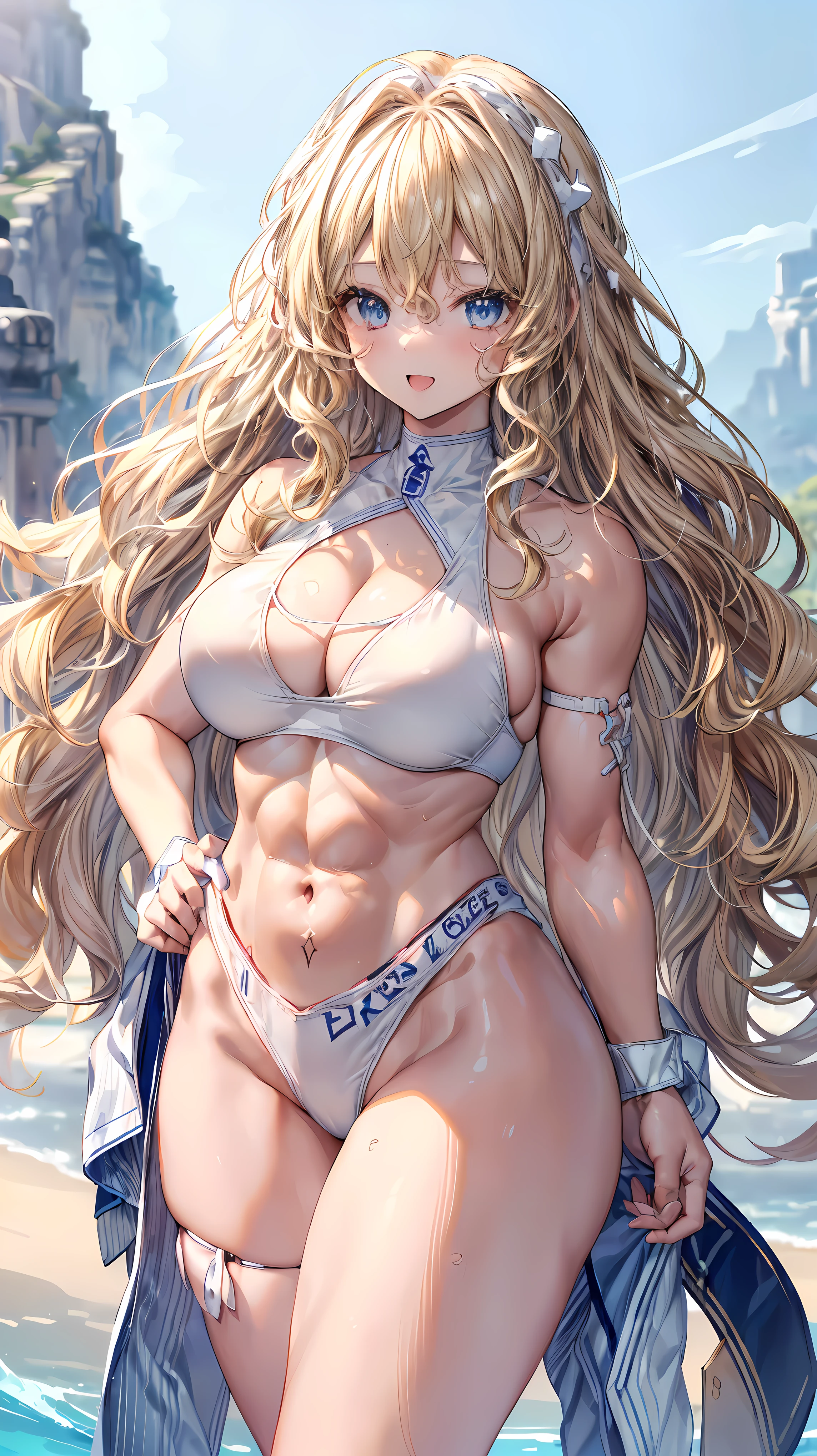 (Adult women:1.5)、Very detailed、highest quality、Best image quality、masterpiece、8k、Anime Face、A kind smile、(Open your mouth:1.3)、Sparkling blue eyes、(Blonde Wavy Hair:1.5)、、Muscles of the whole body、(High leg:1.5)、Thigh belt、(Wearing a white bikini:1.5)、(Cowboy Shot:1.5)、SFW Giant