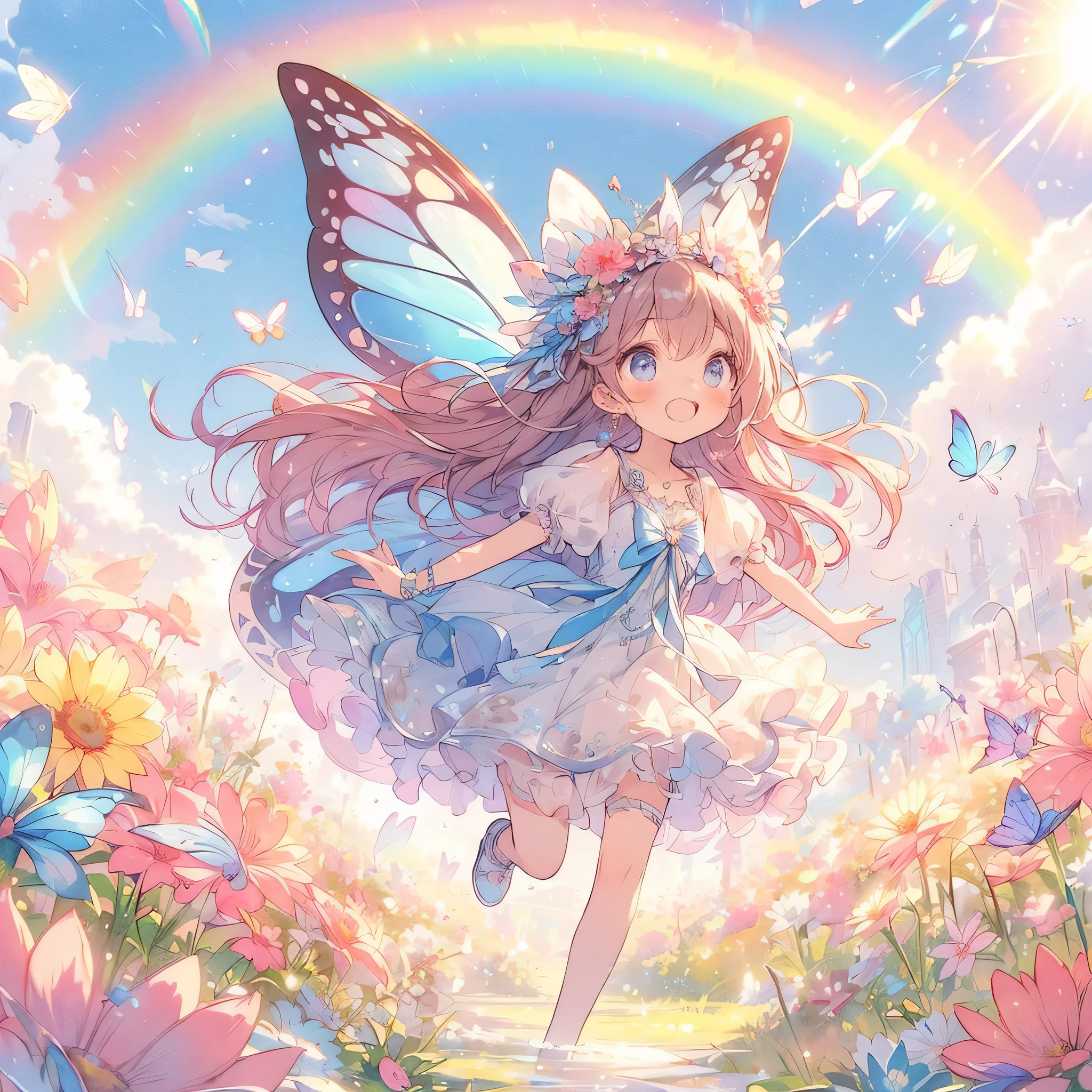 (Exquisite, beautiful, Very detailed, masterpiece, High resolution,high quality,High resolution),(Well-formed face,Soft and thin lines: 1.2, beautiful, Delicate and vivid illustrations with a mature and clear feel) ,(A princess with fairy wings like a butterfly is holding flowers she picked in a flower field under a big rainbow, the sun, and a beautiful blue sky.), ((Ultra Wide Shot, Ultra-wide angle of view,whole body)) ((fun, looks fun,smile,Full of energy)), (corolla, Earrings, Beautiful choker,), ((pastel colourのボールガウンドレス, Balloon Sleeve,Fairy wings from the back)), (Deep pink cheeks、Plump pink lips,Big Bus, Fair skin, Good style), (Light of the sun, pastel colour, Bright atmosphere, colorful, Bright colors,Fantasy),