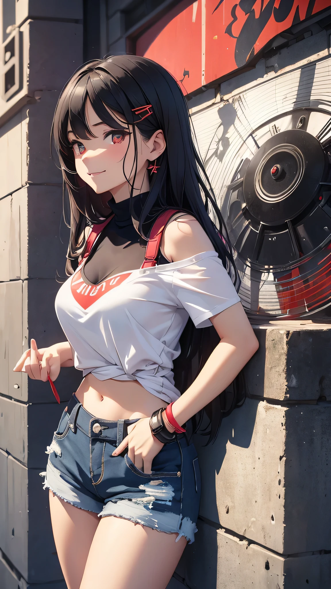 最high quality、Best image quality、masterpiece、girl((18-year-old、 By becoming、Best Bust、Medium Bust,Wide open breast tea、Red glowing eyes,Black Hair、Red Mesh、Disheveled Hair、Lointail、thin,The highest valley、Open chest、Luminous Wristbands、hair ornaments、Show the whole body,Black short sleeve T-shirt、Wear a shoulder bag、Short denim trousers、Leaning forward、smile、Disheveled,Hands on hips、turn around)),high quality、Beautiful art、background((Beautiful sun、sunlight、Large shopping malls、squirt))、Flight、Flying debris、Written boundary depth、movie、Visual Arts、Perfect art、8K,Genuine,