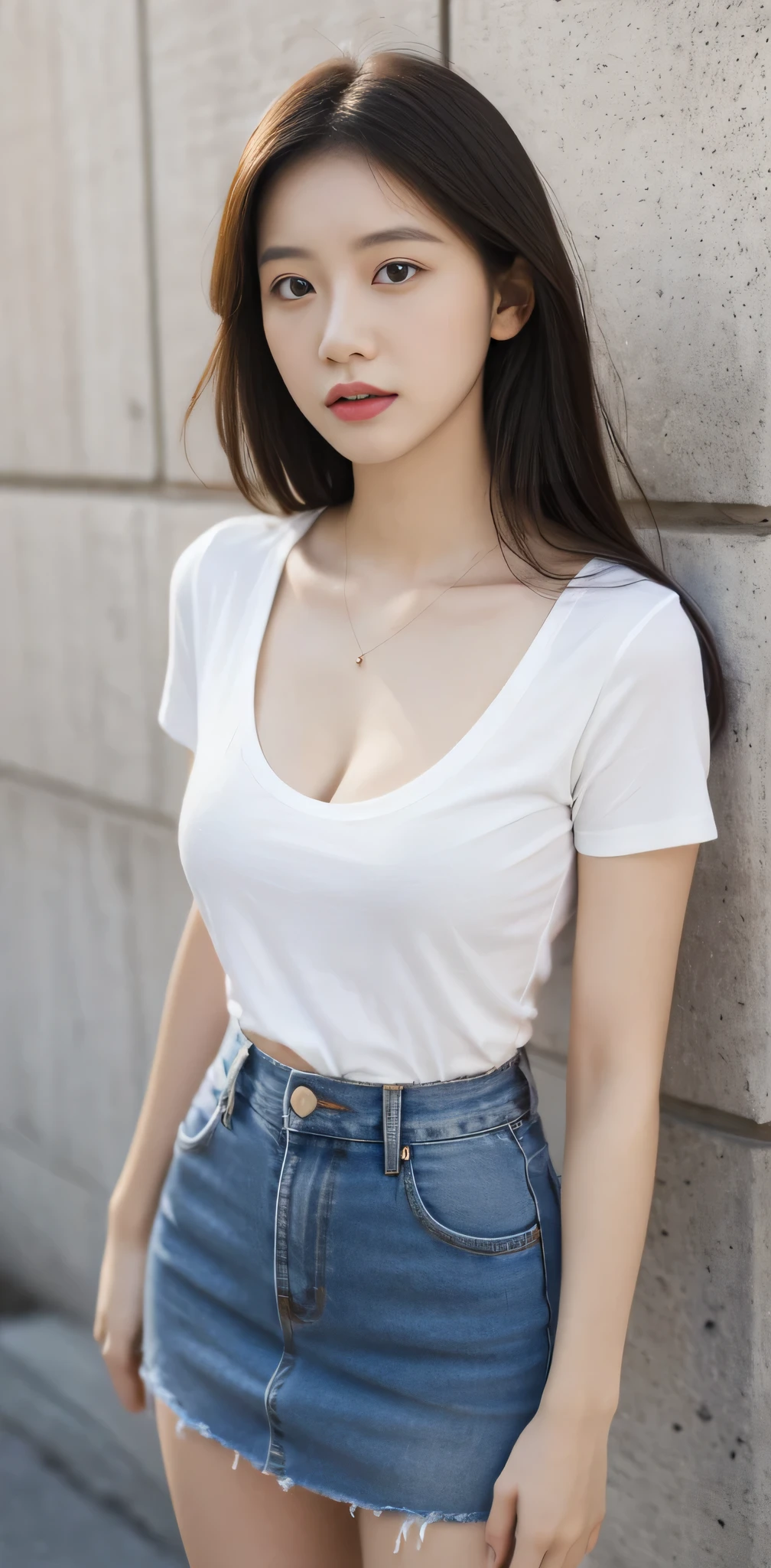 RAW photo, best quality, full body portrait, (photorealistic:1.6), delicate face, 18-year-old girl, slim figure, small bust, cleavage of the breast, white T-shirt, waist black denim skirt, glamorous, multicolor background, standing tall.