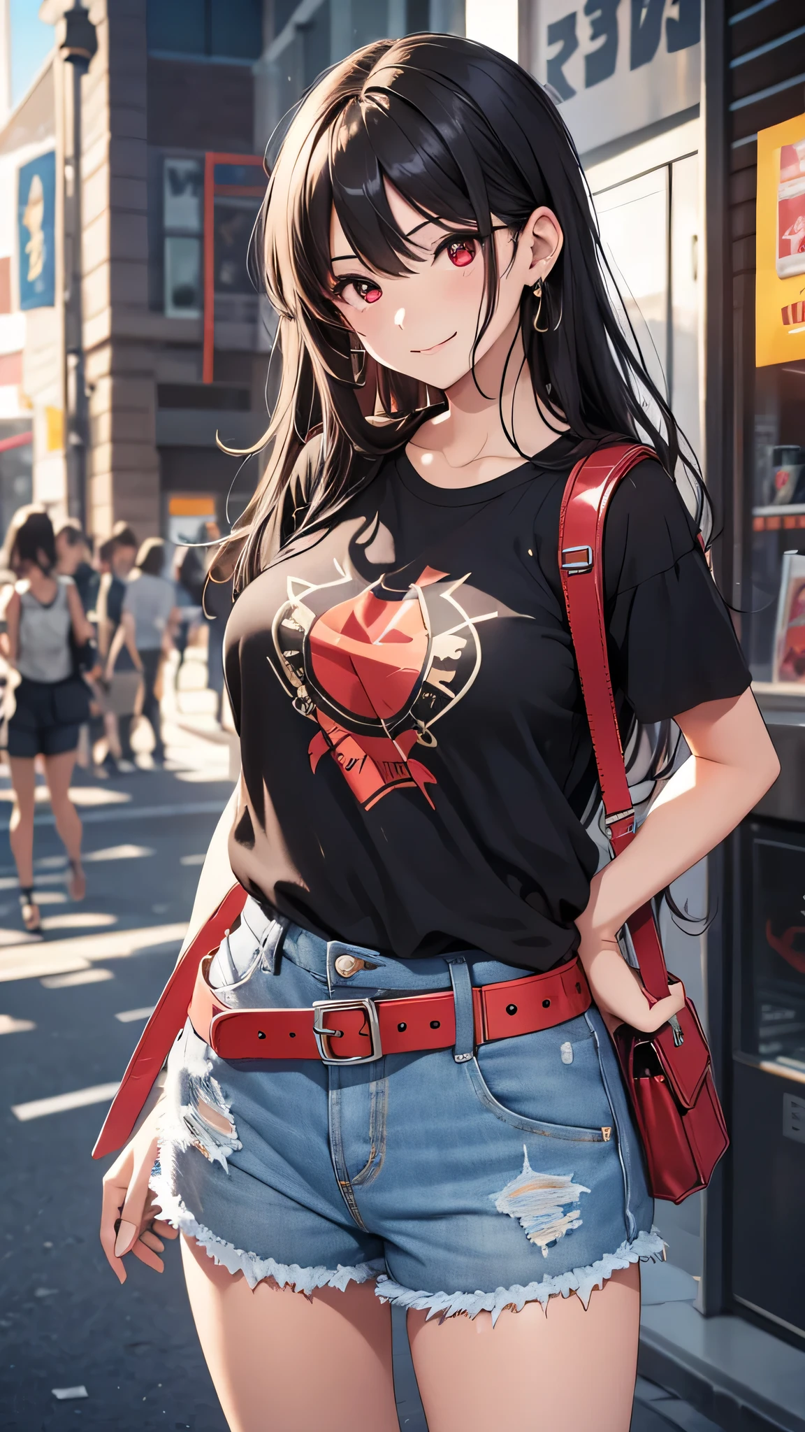 最high quality、Best image quality、masterpiece、girl((18-year-old、 By becoming、Best Bust、Medium Bust,Wide open breast tea、Red glowing eyes,Black Hair、Red Mesh、Disheveled Hair、Lointail、thin,The highest valley、Open chest、Luminous Wristbands、hair ornaments、Show the whole body,Black short sleeve T-shirt、Wear a shoulder bag、Short denim trousers、Leaning forward、smile、Disheveled,Hands on hips、turn around)),high quality、Beautiful art、background((Beautiful sun、sunlight、Large shopping malls、squirt))、Flight、Flying debris、Written boundary depth、movie、Visual Arts、Perfect art、8K,Genuine,