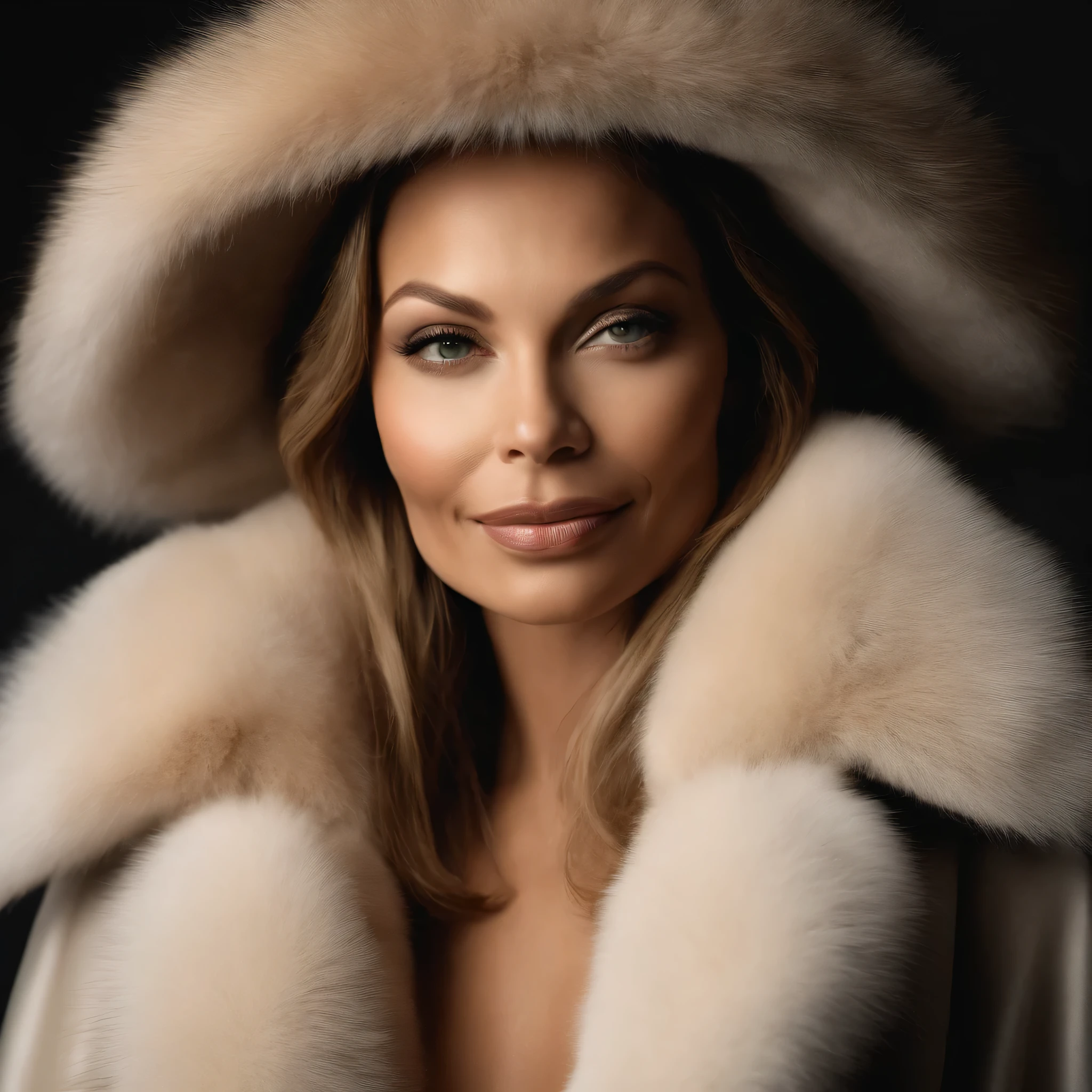 35 ans,(Une MILF:1.2), Ornella Muti jeune, visage rond, un regard captivant, yeux verts, cheveux blonds,A very wide and very thick, very long white mink fur coat, fifty centimeters thick, duveteux, naturel, with an ultra thick white and sand mink fur collar, three layers, souriante, fully nude front view, bare shoulders, and two massive breast discovered by the fur, Ornella Muti jeune, Detailed wrinkles (8K, high resolution, Ultra-quality, A quality of'image ultra élevée, ultrarealistic, best quality:1.2) (gros seins en bonnet D:1.1), eyes visible through the hair, with silver gray hair, bobbed hair, Bonne position des yeux, cinematic light, Soft light, lombes, detailed color background, Convoluted, Very detailed, 8K, Overall Silhouette, posant professionnellement sur un canapé penthouse, En regardant directement la caméra; Une photo d'une femme souriante Nikon D850, objectif 85 mm