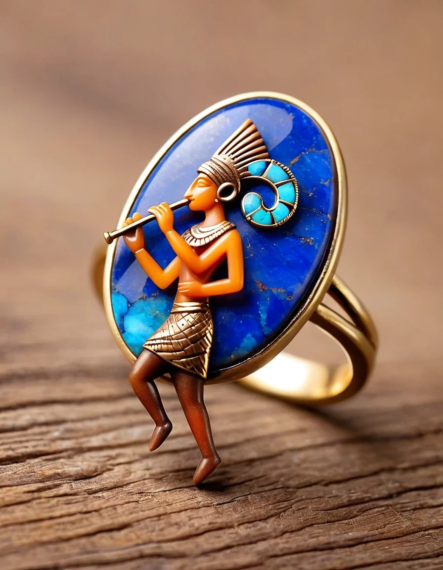 in style of logo design , portrait，Kokopelli playing the flute holds an oval double brown and blue-orange opal stone minimalist abstract ring design，Indian elements，The matching stones are small amounts of lapis lazuli and turquoise，，Clams，feather，gem，Retro，Old，Soft Light