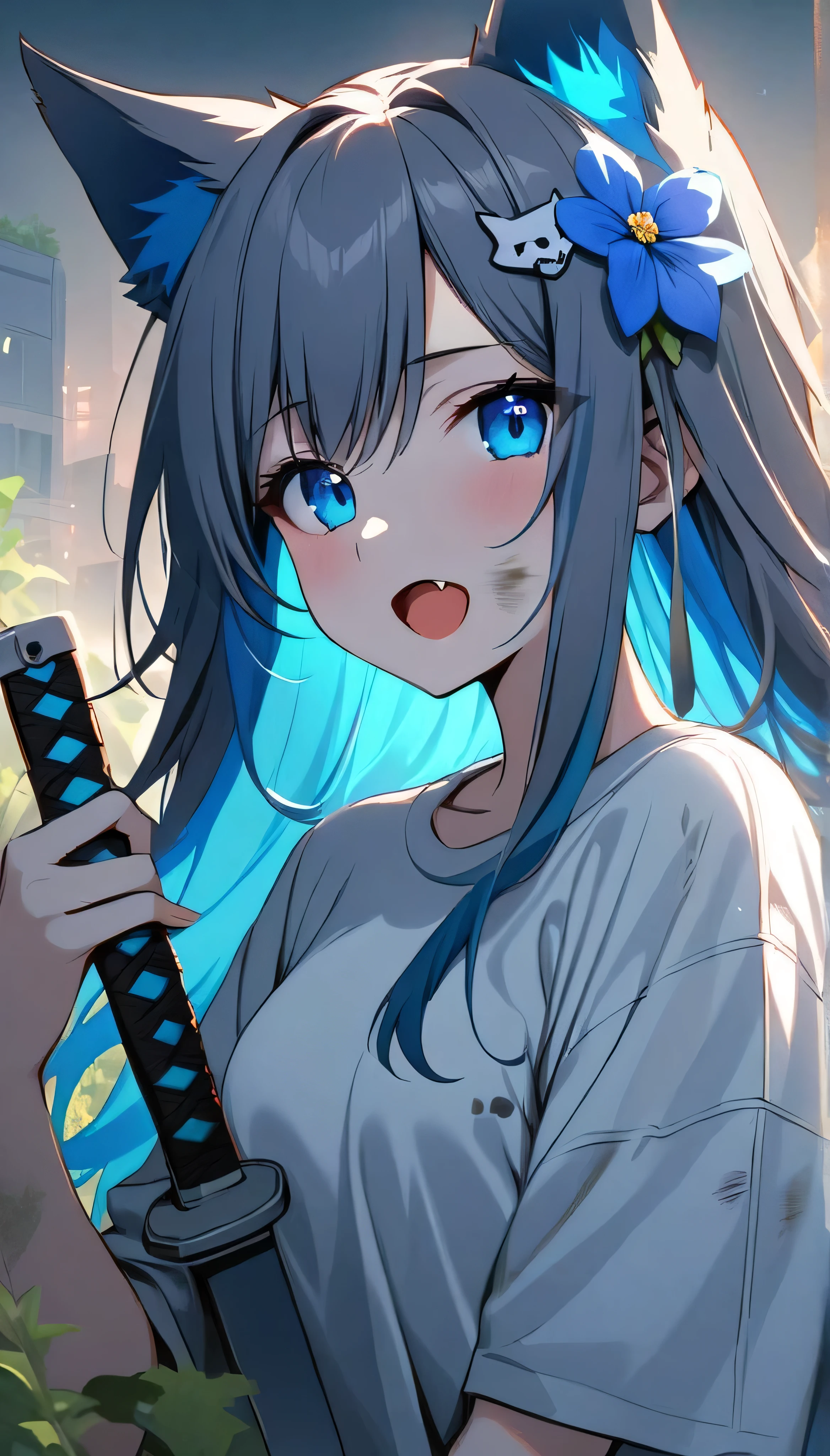Resolution full, best quality, masterpiece, full HD, beautifull girl, foggy theme, super detailed, 1girl, long hair, dark grey hair, blue inner hair, wolf ears, blue flower hair ornament, detailed beautiful cyan eyes. Open mouth. Fang,  Dirty. Bandage at girl face. white T - shirt oversized, holding glowing, holding katana. At post apocalypse cuty, overgrown, bokeh. Depth of field.