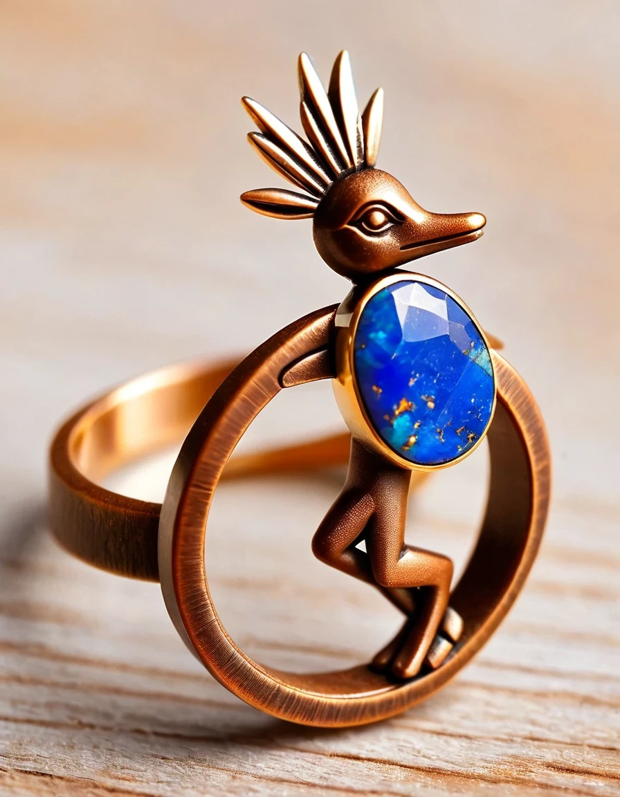 in style of logo design , portrait，Kokopelli playing the flute holds an oval double brown and blue-orange opal stone minimalist abstract ring design，Indian elements，The matching stones are small amounts of lapis lazuli and turquoise，，Clams，feather，gem，Retro，Old，Soft Light