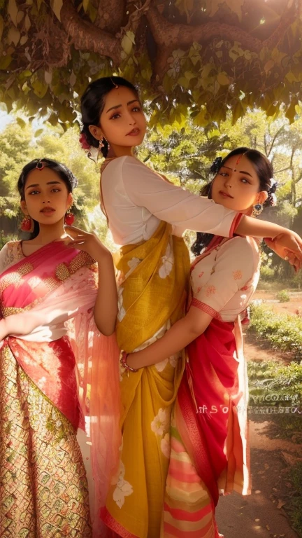 three women in saris pose for a picture under a tree, assamese aesthetic, wearing bihu dress mekhela sador, assamese, very very low quality picture, candid picture, beautiful women, beautiful girls, stylish pose, very beautiful enga style, profile image, with lovely look, profile picture, traditional clothes, very artistic pose, posing