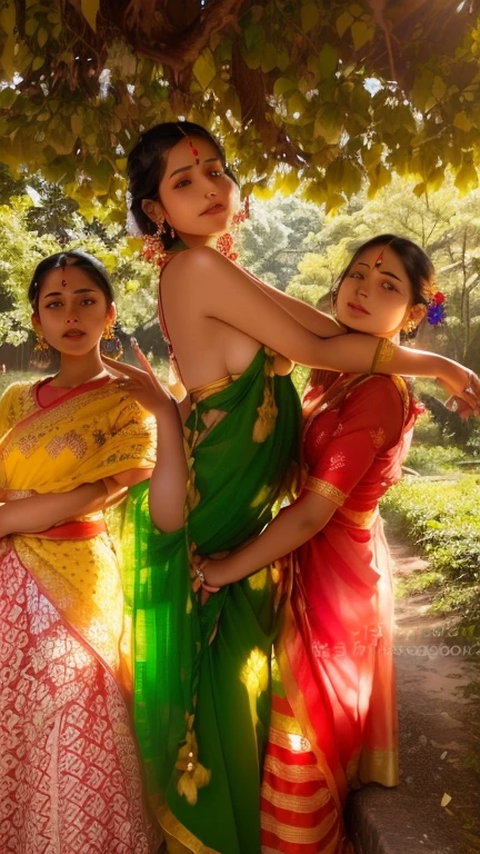 three women in saris pose for a picture under a tree, assamese aesthetic, wearing bihu dress mekhela sador, assamese, very very low quality picture, candid picture, beautiful women, beautiful girls, stylish pose, very beautiful enga style, profile image, with lovely look, profile picture, traditional clothes, very artistic pose, posing