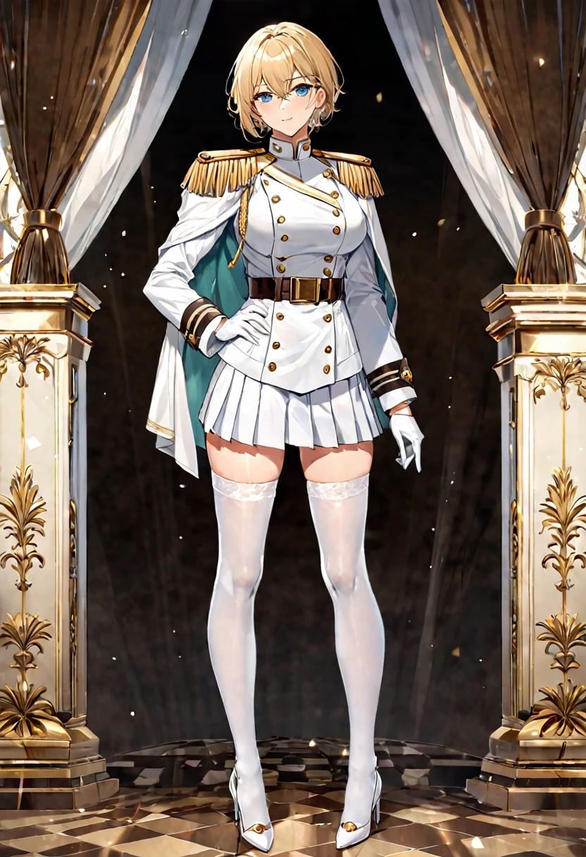 masterpiece, best quality, full body, a adult very handsome tomboy with blonde very manly and very boyish short hair with hair between eyes and tomboy hair and very manly and boyish face and aqua detailed eyes and (large breasts:1.5) wearing (white military uniform with epaulettes and aiguillette:1.5) and standing with legs together and hand on hip from anime, she is wearing (white military jacket with white long sleeves:1.4) and white buttoned shirt on top, she is wearing (white lace trim bridal gloves:1.2) on hands, she is wearing (white cape with shoulder cape:1.2) on shoulders, she is wearing brown belt with gold belt buckle, she is wearing (blue pleated miniskirt with white stripes:1.3) on bottom, she is wearing (white thighhighs with floral lace trim:1.2) on legs, she is wearing (white high heels:1.2) on feet