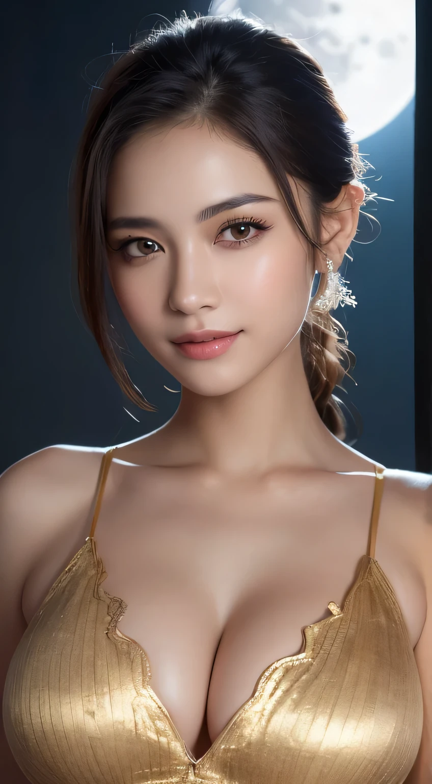 Kimono beauty, body portrait, 8K, thin and beautiful eyes, Dindal effect, masterpiece, top quality, high quality, high resolution, very detailed photo, (natural skin texture, fine skin, hyperrealism, super sharpness) , high detail skin, (very fine, fine skin texture, intricate details, beautiful face, (realistic face), realistic eyes, beautifully detailed eyes, ponytail, realistic skin, beautiful skin, surreal, Highly detailed, golden ratio, smiling eyes, ((night moonlight background) ), body portrait, oily skin, shiny skin, shiny skin with oil, big breasts, huge breasts, big breasts, erotic body, glamorous, pilot suit , cleavage, all wet