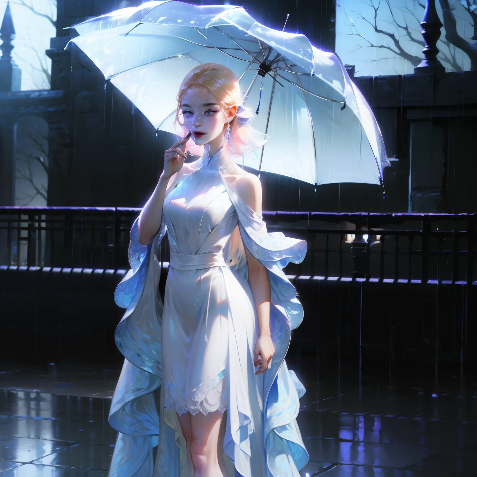 ((best quality, 8k, Lace maxi dress, Standing in the rain, , Highly detailed face and skin texture, Delicateeyes, Double eyelids.)