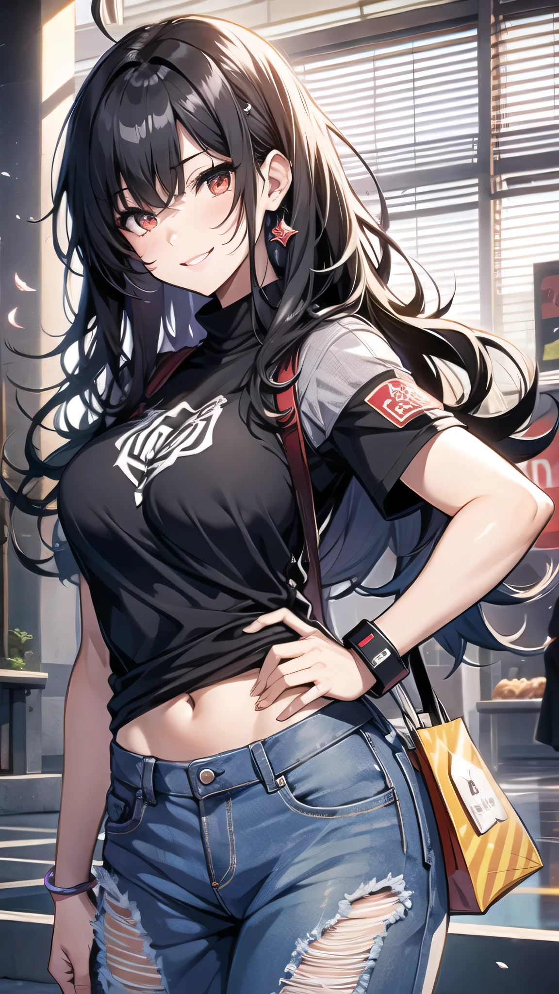 最high quality、Best image quality、masterpiece、girl((18-year-old、 By becoming、Best Bust、Medium Bust,Wide open breast tea、Red glowing eyes,Black Hair、Red Mesh、Disheveled Hair、Lointail、thin,The highest valley、Open chest、Luminous Wristbands、hair ornaments、Show the whole body,Black short sleeve T-shirt、Wear a shoulder bag、Short denim trousers、Leaning forward、smile、Disheveled,Hands on hips、turn around)),high quality、Beautiful art、background((Beautiful sun、sunlight、Large shopping malls、squirt))、Flight、Flying debris、Written boundary depth、movie、Visual Arts、Perfect art、8K,Genuine,