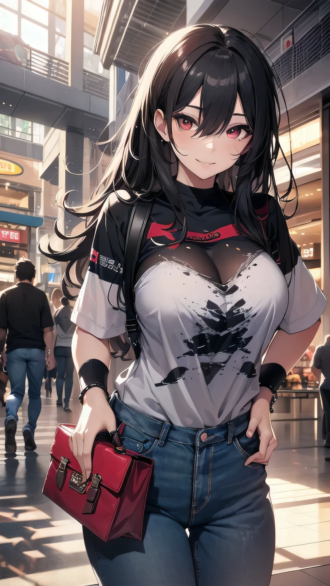 最high quality、Best image quality、masterpiece、girl((18-year-old、 By becoming、Best Bust、Medium Bust,Wide open breast tea、Red glowing eyes,Black Hair、Red Mesh、Disheveled Hair、Lointail、thin,The highest valley、Open chest、Luminous Wristbands、hair ornaments、Show the whole body,Black short sleeve T-shirt、Wear a shoulder bag、Short denim trousers、Leaning forward、smile、Disheveled,Hands on hips、turn around)),high quality、Beautiful art、background((Beautiful sun、sunlight、Large shopping malls、squirt))、Flight、Flying debris、Written boundary depth、movie、Visual Arts、Perfect art、8K,Genuine,