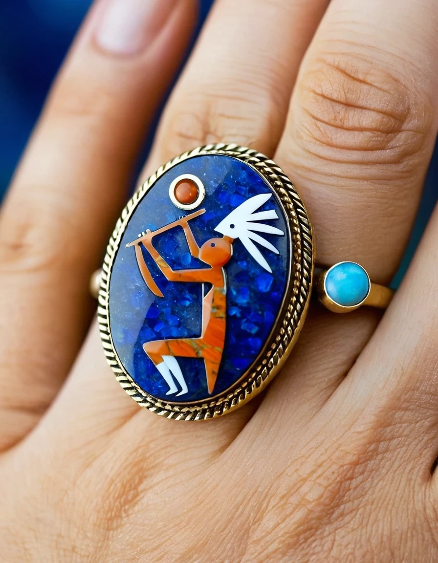 A minimalist ring design of Kokopelli, the rain god playing the flute, holding an oval double opal stone，Indian elements，geometry，The matching stones are small amounts of lapis lazuli and turquoise，Coffee color，Orange，Clams，feather，gem，Retro，Old，Soft Light