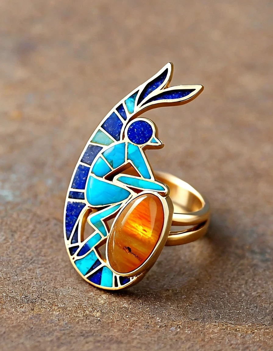 A minimalist ring design of Kokopelli, the rain god playing the flute, holding an oval double opal stone，Indian elements，geometry，The matching stones are small amounts of lapis lazuli and turquoise，Coffee color，Orange，Clams，feather，gem，Retro，Old，Soft Light