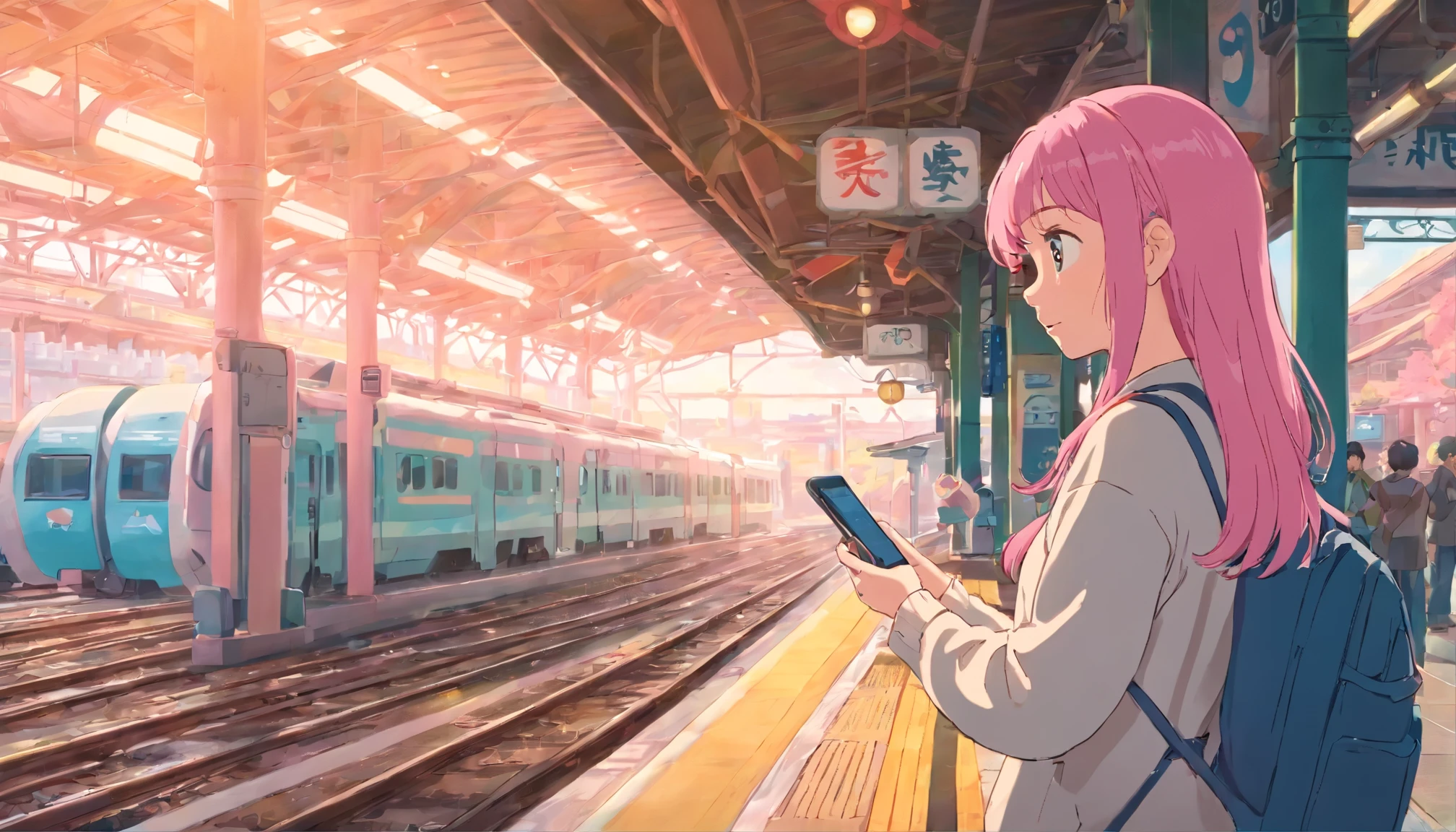 morning,Station platform,woman,Pink Hair,,Looking at smartphone,In front of the station,Japanese anime,pastel colour,Lo-Fi