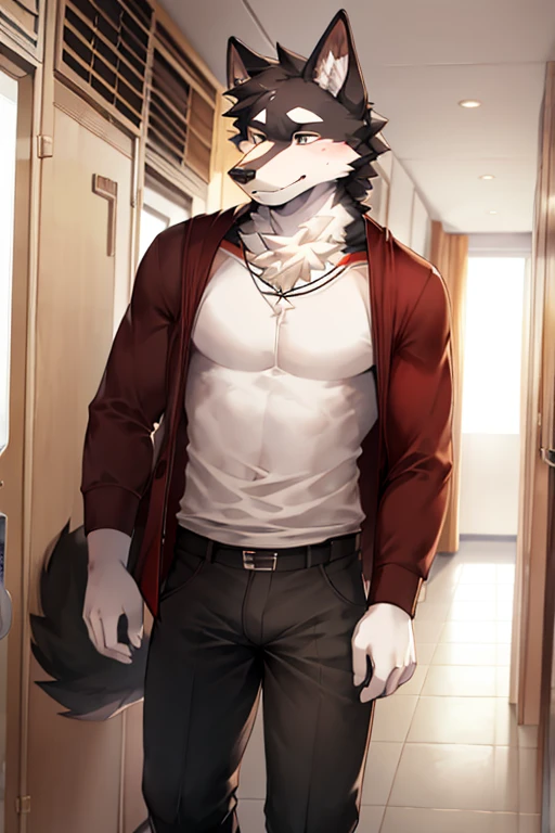 Furry black wolf white face male , front the door . Wear clothes for traveling ,wear trouser