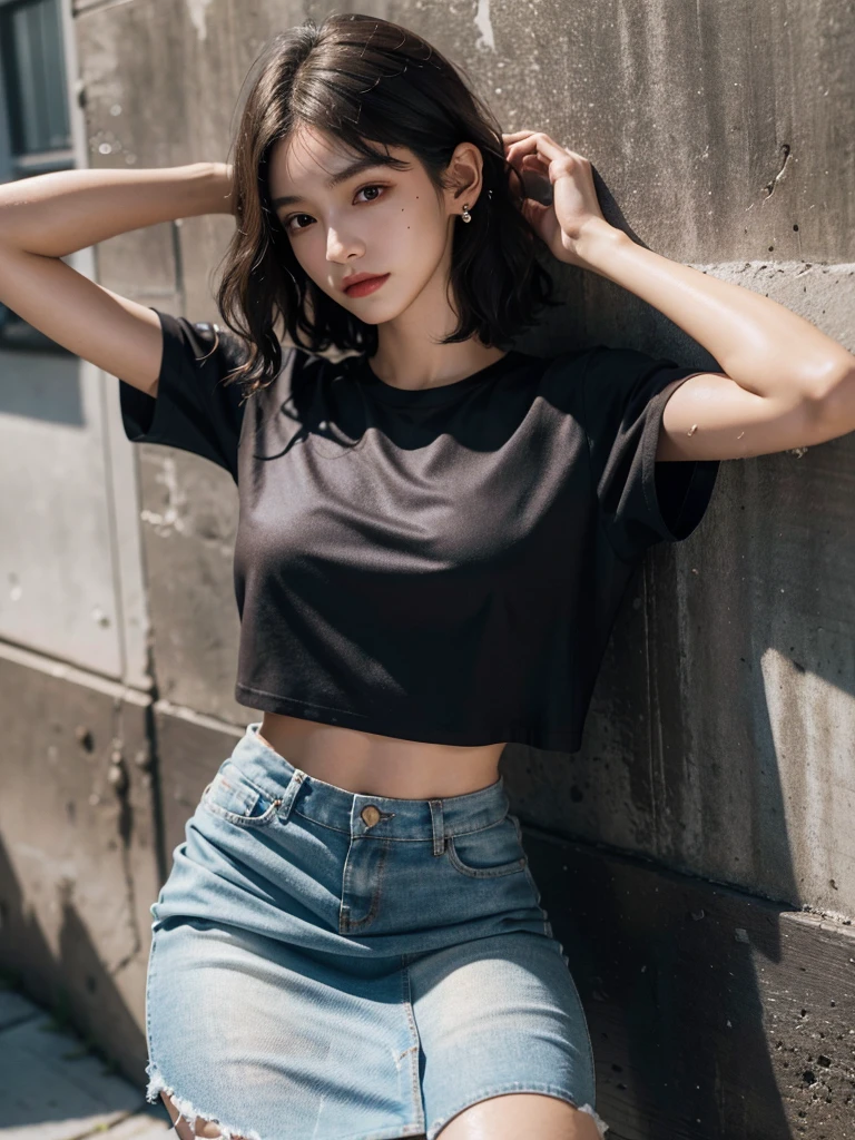 absurdres, RAW photo, extremely delicate and beautiful, masterpiece, Best Quality, ultra high resolution, 32k, hyperrealistic, ultra-detailed, perfect anatomy, anatomically correct, perfect figure, super Detailed skin, 20 years old, very Slim body, narrow waist, very small head, very small face, delicate facial features, detailed face, detailed eyes, tearful mole, earring, thin legs, bare legs, very huge round breasts, short medium hair, ((wavy hair)), wet clothes, tight skirt, cropped T-shirt, Leaning against wall, arms up behind,