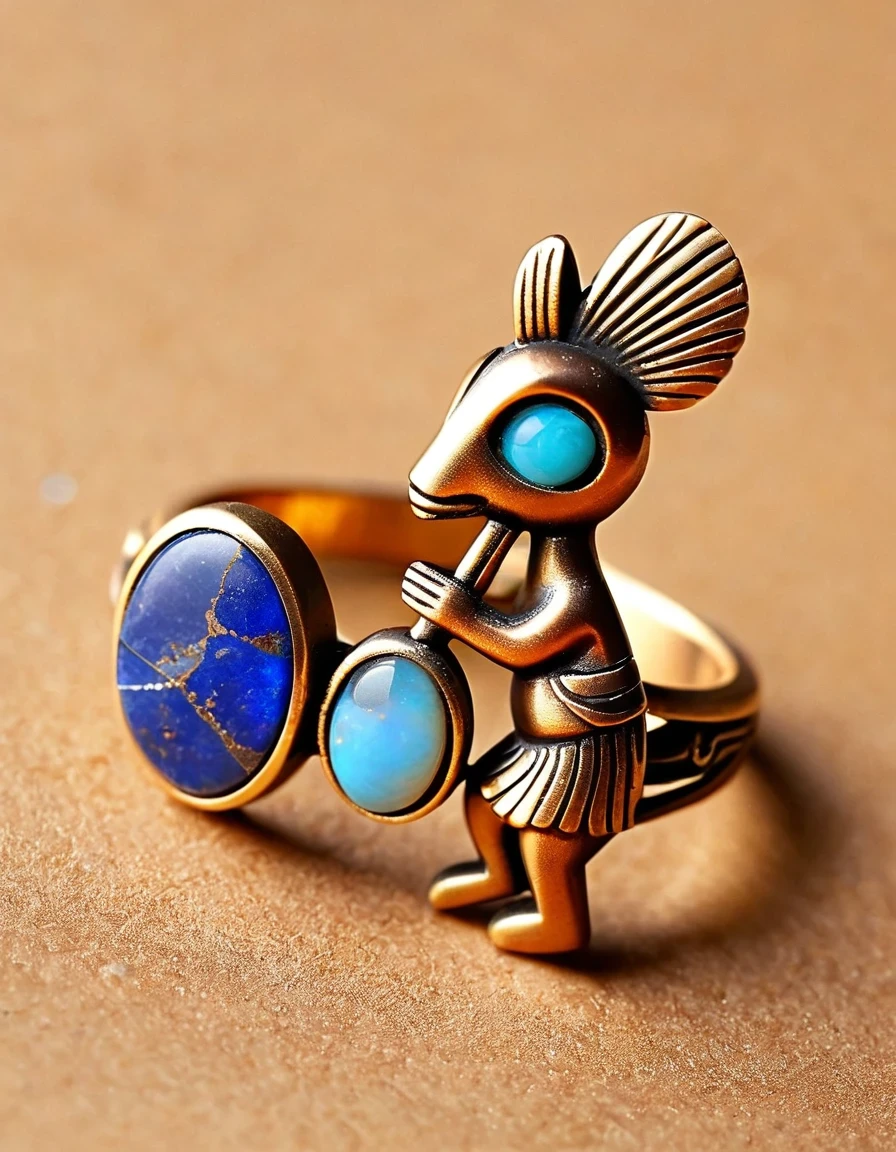 in style of logo design , in style of Ming Dynasty period ，Kokopelli playing the flute holds an oval double brown and blue-orange opal stone minimalist abstract ring design，Indian elements，The matching stones are small amounts of lapis lazuli and turquoise，，Clams，feather，gem，Retro，Old，Soft Light