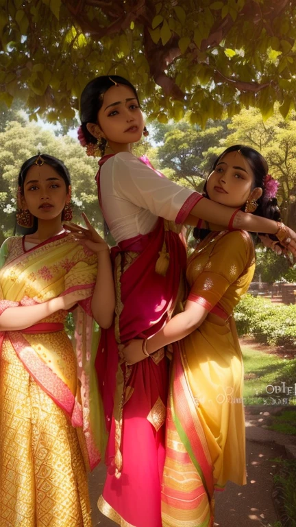 three women in saris pose for a picture under a tree, assamese aesthetic, wearing bihu dress mekhela sador, assamese, very very low quality picture, candid picture, beautiful women, beautiful girls, stylish pose, very beautiful enga style, profile image, with lovely look, profile picture, traditional clothes, very artistic pose, posing