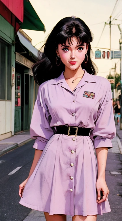 Highest image quality, 90s style anime, 21 year old girl, Misato Katsuragi Style, (masterpiece), (best quality), Rebecca Rittenhouse, 1950s dresses, 1950s hairstyle, wearing 90s fashion clothes , busy street, 90s street 