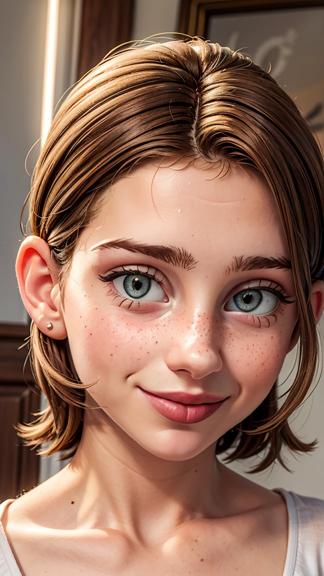Imagem fotorrealista ultra-realista de rosto inteiro de uma deusa, Jovem de 18 anos com um rosto lindo e olhos azuis profundos e um furinho no queixo encantador que cativa qualquer um que a conhece. Seu cabelo ruivo claro ornamentado cai graciosamente sobre os ombros, emoldurando seu rosto elegantemente. Full lips paint a smile. Your face is adorned with one or more blemishes, adding a touch of mystery and charm. Light freckles add a fun, natural look to your appearance, dando-lhe uma aura de frescor. Your beauty is a harmonious mix of unique and captivating features, tornando-a irresistivelmente atraente. - Mergulhe o espectador no charme extravagante de um visual, purposely avoiding direct eye contact with the camera, focando para a direita. O modelo, vestida com maquiagem ousada, has a captivating expression and a mix of seductive mystery.