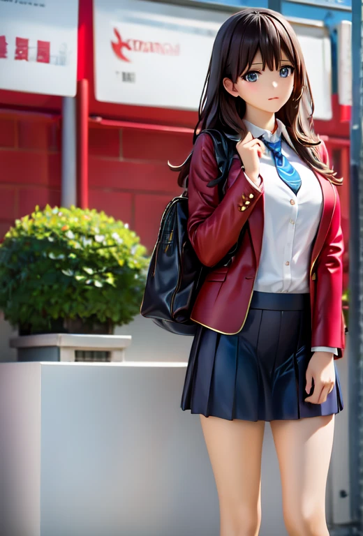 there is a woman in a red jacket and blue tie posing, dressed as schoolgirl, a hyperrealistic , cute , hyperrealistic , japanese girl , japanese , wearing japanese , school girl, captured on canon eos r 6, korean girl, ayaka cosplay, realistic young gravure idol, cosplay photo