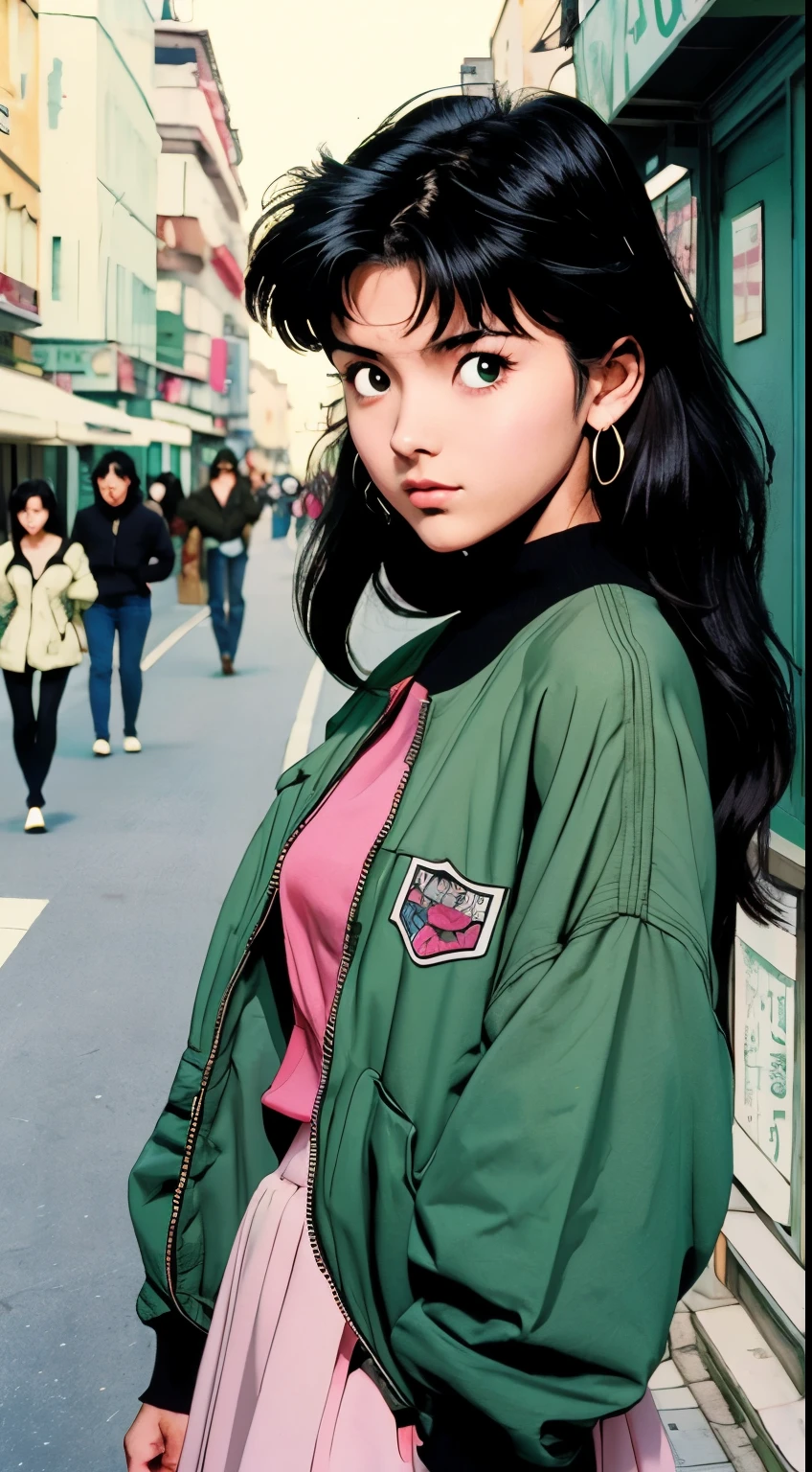 Highest image quality, 90s style anime, 21 year old girl, Misato Katsuragi Style, black hair, long hair, Light green eyes, wearing 90s fashion clothes , busy street, 90s street 