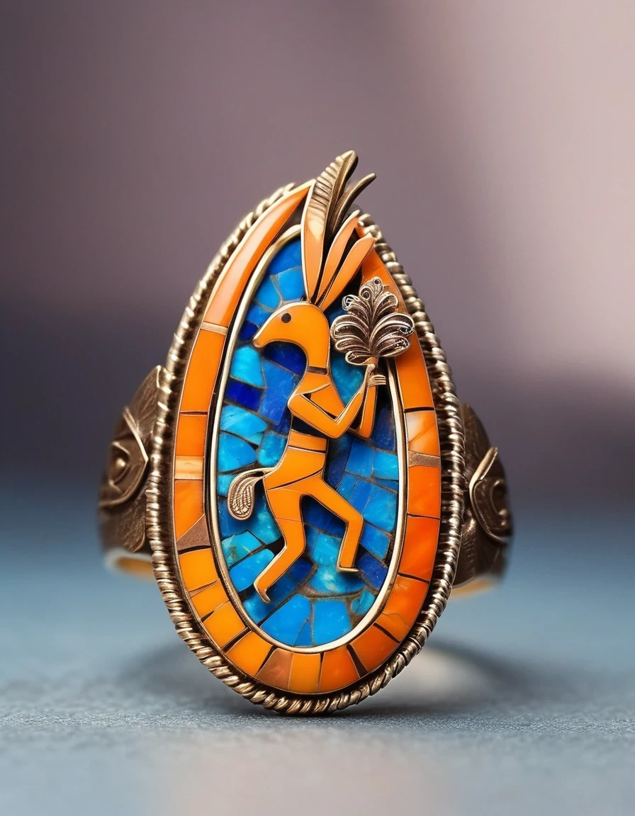 A minimalist ring design of Kokopelli, the rain god playing the flute, holding an oval double opal stone，Indian elements，geometry，The matching stones are small amounts of lapis lazuli and turquoise，Coffee color，Orange，Clams，feather，gem，Retro，Old，Soft Light