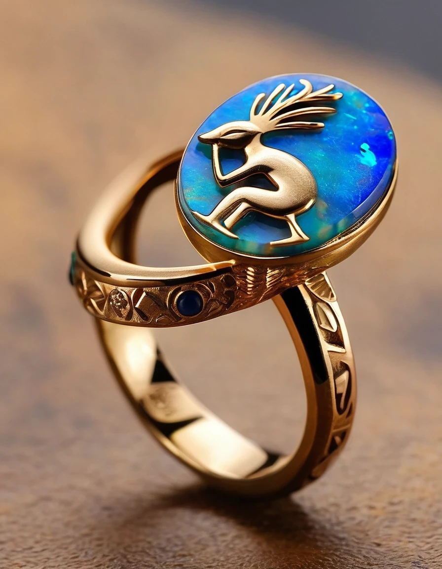 A minimalist ring design of Kokopelli, the rain god playing the flute, holding an oval double opal stone，Indian elements，geometry，The matching stones are small amounts of lapis lazuli and turquoise，Coffee color，Orange，Clams，feather，gem，Retro，Old，Soft Light