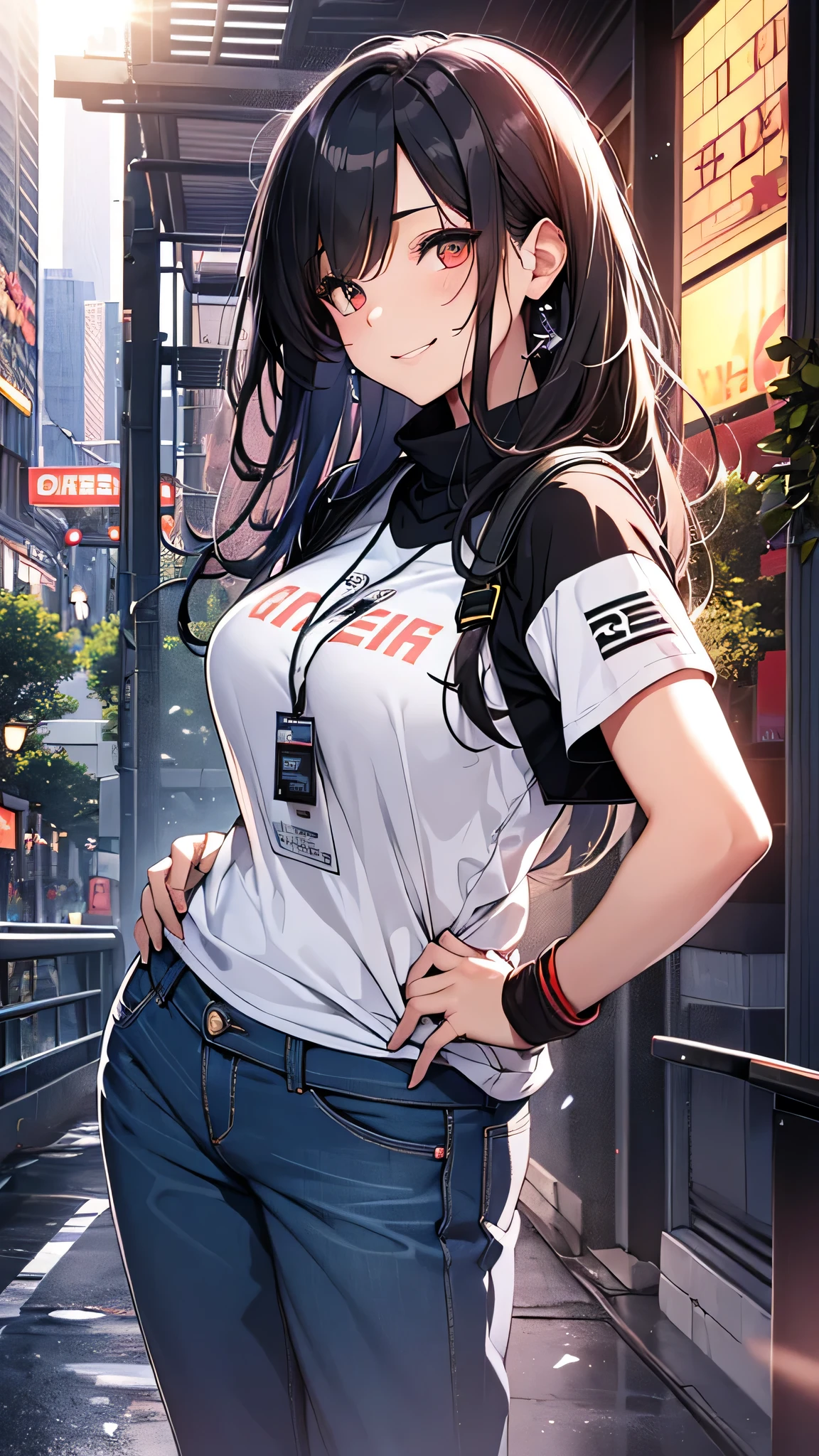 最high quality、Best image quality、masterpiece、girl((18-year-old、 By becoming、Best Bust、Medium Bust,Wide open tea、Red glowing eyes,Black Hair、Red Mesh、Disheveled Hair、Lointail、thin,The highest valley、Open chest、Luminous Wristbands、hair ornaments、Show the whole body,Black short sleeve T-shirt、Wear a shoulder bag、Short denim trousers、Leaning forward、smile、Disheveled,Hands on hips、turn around)),high quality、Beautiful art、background((Beautiful sun、sunlight、Large shopping malls、squirt))、Flight、Flying debris、Written boundary depth、movie、Visual Arts、Perfect art、8K,Genuine,
