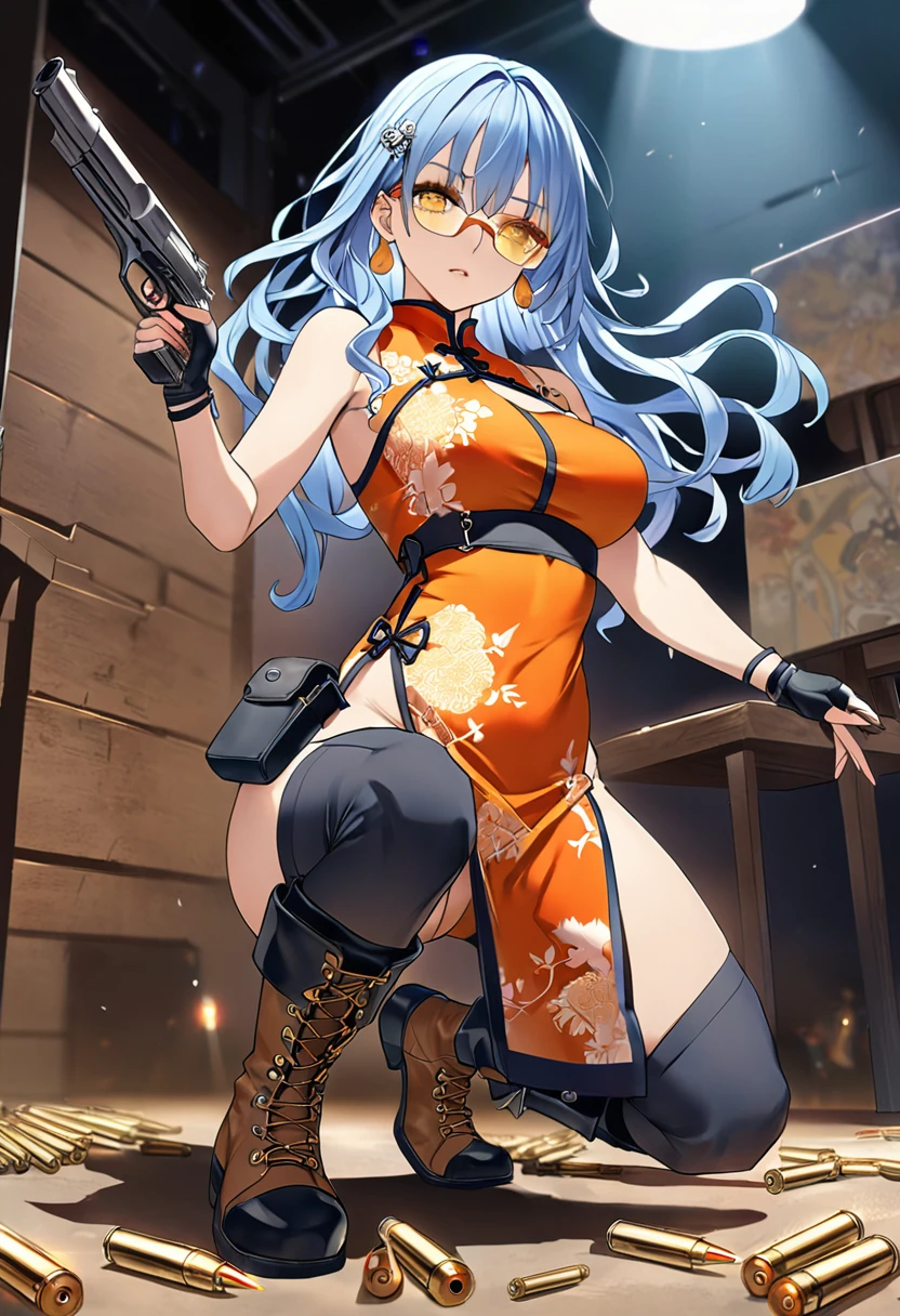 masterpiece、highest quality、Ultra-high resolution、Maximum resolution、Very detailed、Professional Lighting、anime、Adult female、thin、so beautiful、、China dress、Has a handgun、Hold a handgun with both hands、Yellow Eyes、Blue Hair、Long Wavy Hair、Earrings、Fingerless gloves、Tactical Boots、Equipped with transparent orange shooting glasses、Equipped with a chest rig、Standing alone on the battlefield、Get down on one knee、Shoot a bullet at the target、Dual pistols