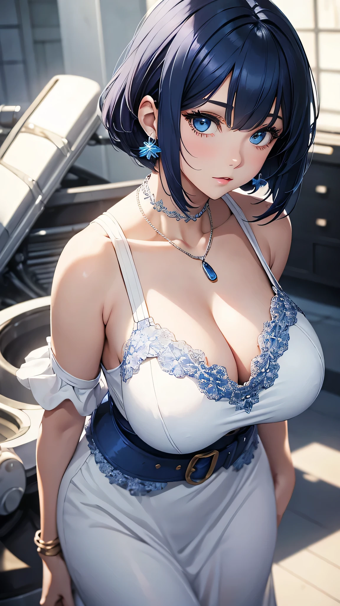 Beautiful Girl, Navy Blue Hair,short hair(Inward Curling Bob) ,blue eyes,White Dress, White lace、Big Tits、blue earrings,In close range、blue necklace、Firm breasts、belt