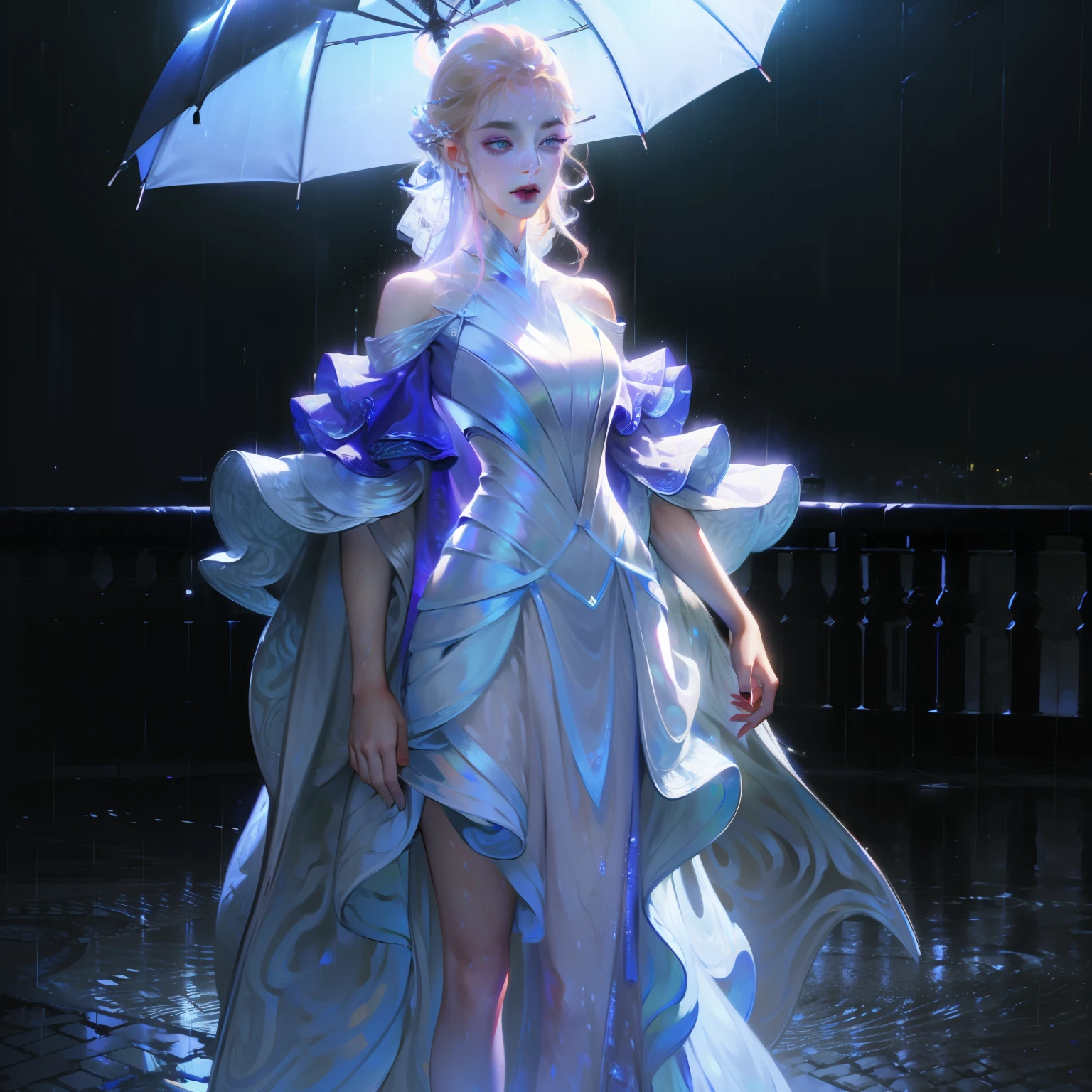 ((best quality, 8k, Lace maxi dress, Standing in the rain, , Highly detailed face and skin texture, Delicateeyes, Double eyelids.)