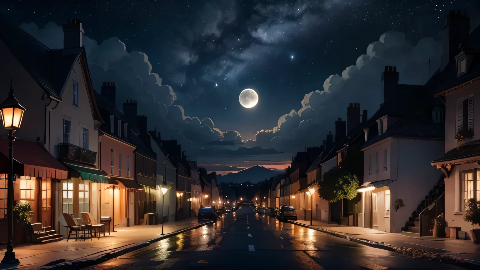 tard le soir, a full moon in the starry sky, street lamps, le vent souffle sur les arbres dans la rue, un livre à travers la fenêtre ouverte de la maison, beautiful HD cartoon scenes, beau paysage de dessin animé HD, ciel de nuit, art dessin animé HD. As you marvel at the view before you, 8K, ultra-HD,  
