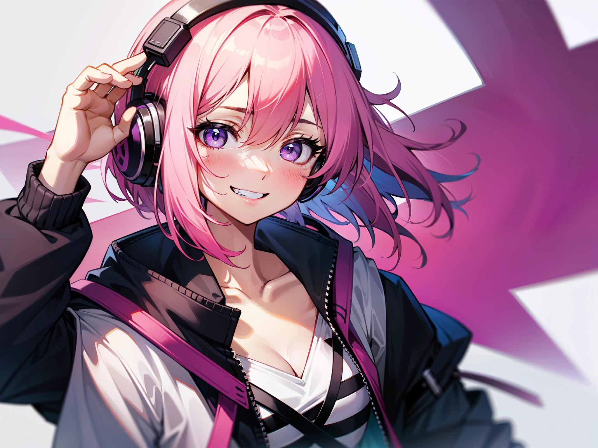 rating:safe, headphones, 1girl, short hair, pink_hair, smile, grin, solo, hood, looking_at_viewer, hood_down, collarbone, long_hair, eyebrows_visible_through_hair, teeth, upper_body, blush, white_background, jacket, two_side_up, hoodie, hair_between_eyes, bag, bangs, purple_eyes, striped, multicolored_hair