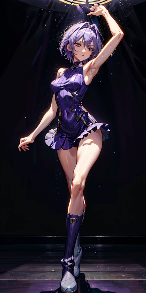 (BEST lighting) (ultra intricately detailed) 4K unification (super detailed CG: 1.2) (8K: 1.2) (Original) Anime-ish (high quality, masterpiece, best quality, absurderes) ((masterpiece, 4K, 8K, Yes, high resolution)) 1girl. She is in the ballet studio, ballet costume, bulging blood vessels on the arm, shaved armpits, military boots, perfect figure, Short purple asymmetrical hair, sweat, practice dance studio background (Beautiful bace) (Girl) (Female) (((full body:1)))