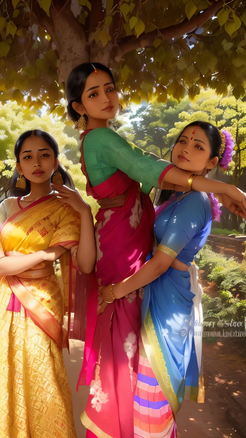 three women in saris pose for a picture under a tree, assamese aesthetic, wearing bihu dress mekhela sador, assamese, very very low quality picture, candid picture, beautiful women, beautiful girls, stylish pose, very beautiful enga style, profile image, with lovely look, profile picture, traditional clothes, very artistic pose, posing