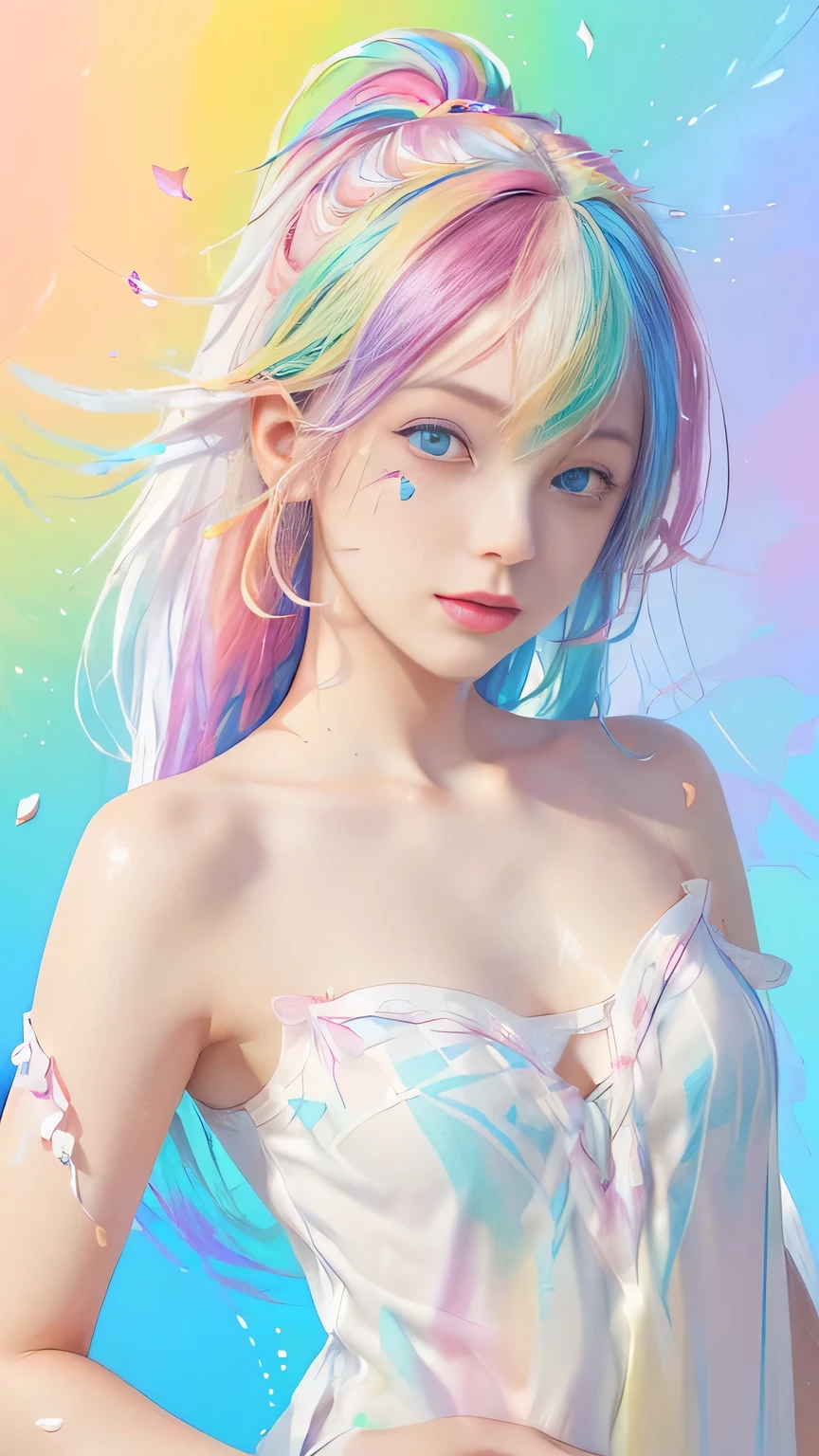 (Pink Fashion T-shirt:1.9),(Colorful hair: 1.8), (all the colours of the rainbow: 1.8),(((((vertical painting:1.6))), (painting:1.6),front, comics, illustrations, paintings, large eyes, crystal clear eyes,( rainbow color gradient high ponytail:1.7), exquisite makeup, closed mouth,(Small Fresh: 1.5),(Wipe Chest: 1.6) ,long eyelashes, white off shoulder T-shirt, White Shoulder Shirt,looking at the audience, large watery eyes, (rainbow colored hair:1.6), color splash, (solo:1.8), color splash, color explosion, thick paint style, messy lines, ((shining)),(colorful), (colorful), (colorful), colorful, Thick Paint Style, (Splash) (Color Splash), Vertical Painting, Upper Body, Paint Splash, Acrylic Pigment, Gradient, Paint, Highest Image Quality, Highest Quality, Masterpiece, Solo, Depth of Field, Face Paint, colorful clothes, (Elegant: 1.2), gorgeous,long hair, wind, (Elegant: 1.3), (Petals: 1.4),(((masterpiece))),(((best quality))),((ultra-detailed)),(illustration),(dynamic angle),((floating)),(paint),((disheveled hair)),(solo),(1girl) , (((detailed anima face))),((beautiful detailed face)),collar,bare shoulders,white hair, ((colorful hair)),((streaked hair)),beautiful detailed eyes,(Gradient color eyes),(((colorful eyes))),(((colorful background))),(((high saturation))),(((surrounded by colorful splashes))),